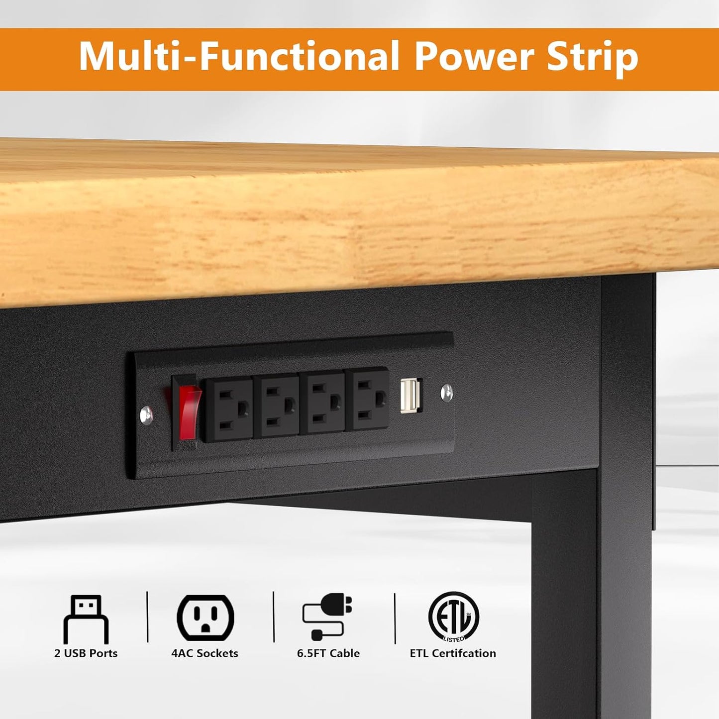 48" Work Bench, Adjustable Height Work Table with Power Outlets and Wheels, 2000 Lbs Capacity Heavy-Duty Hardwood Top Workstation for Garage, Workshop, Office, Home