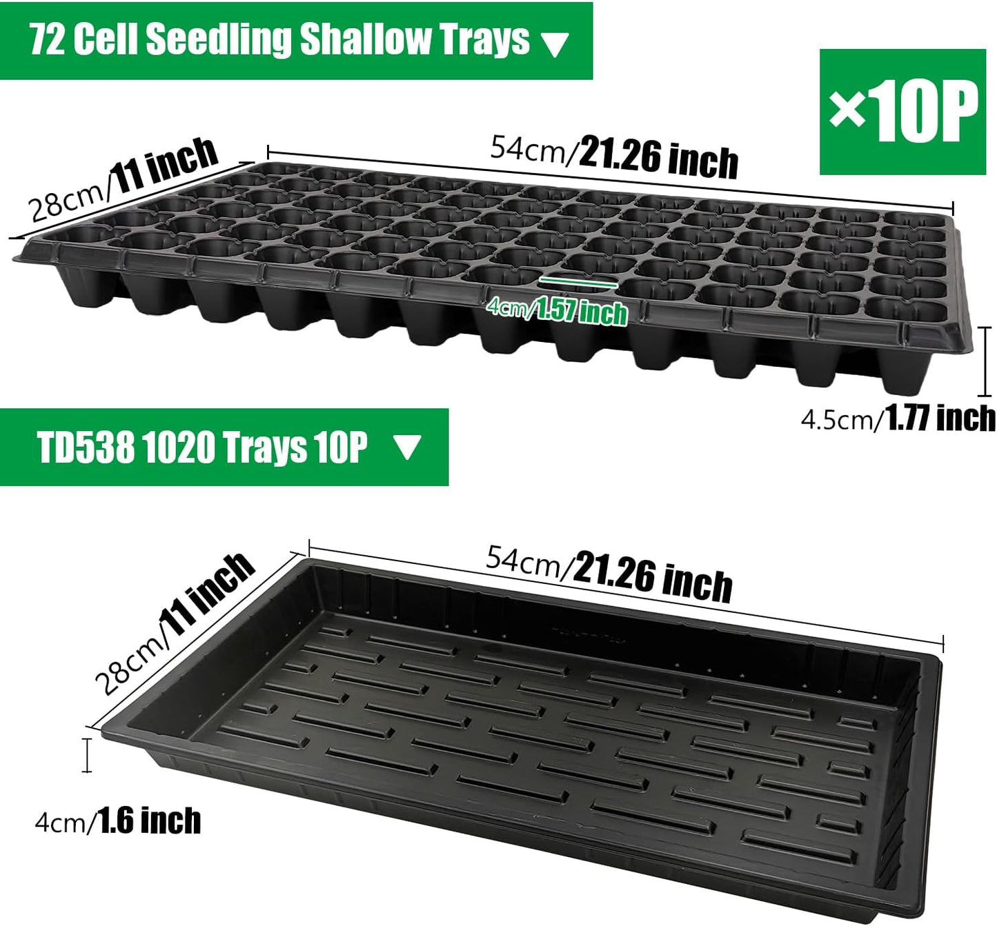 10 Pack 1020 Seed Starter Trays and 10 Pcs 72 Cell Plug Trays, Thick Durable Seedling Plastic Nursery Tray for TD538 1020 Tray Germination (10 Sets)