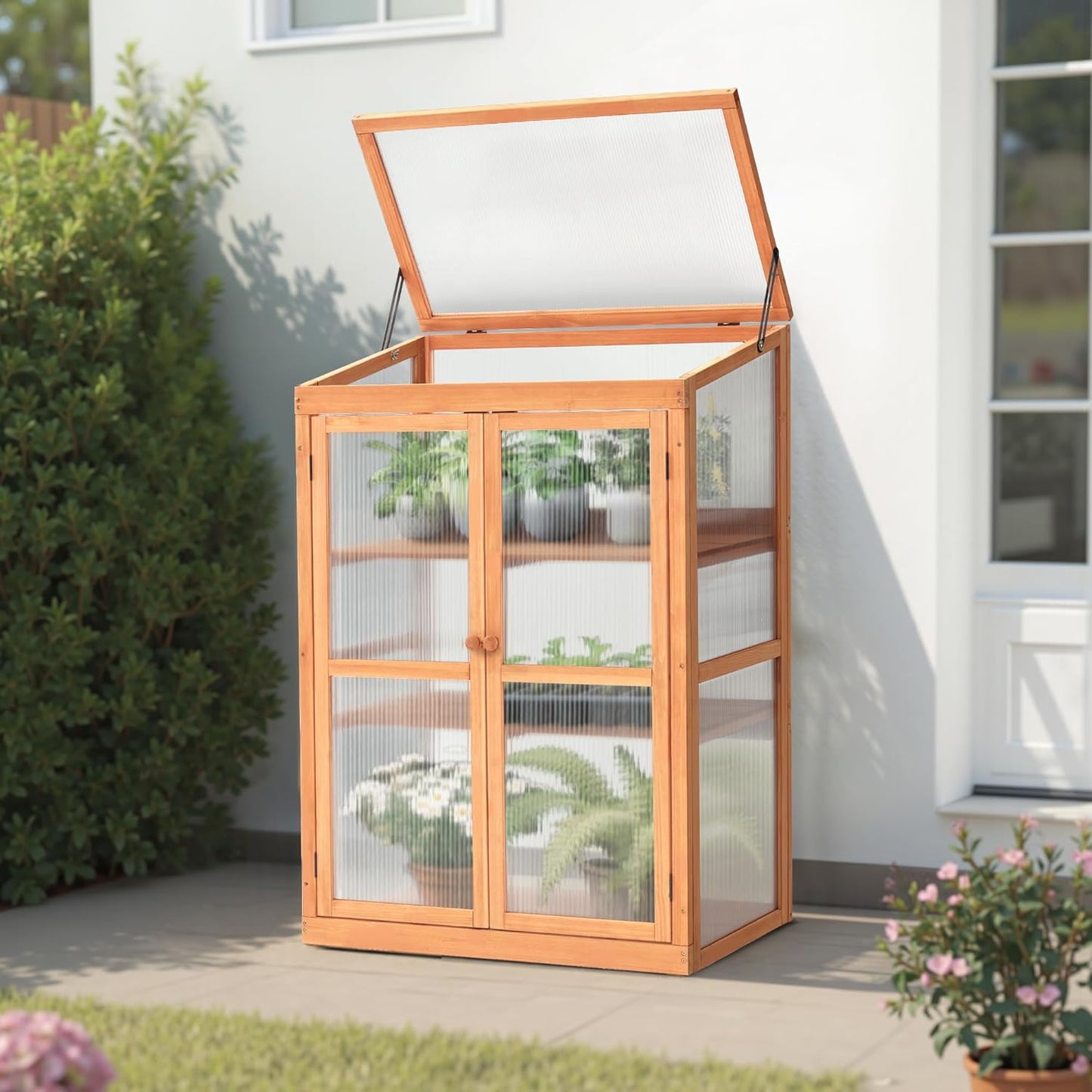 MCombo Wooden Cold Frame Greenhouse, Raised Flower Planter Shelf Protection for Outdoor Indoor Use, 0760 (Orange)
