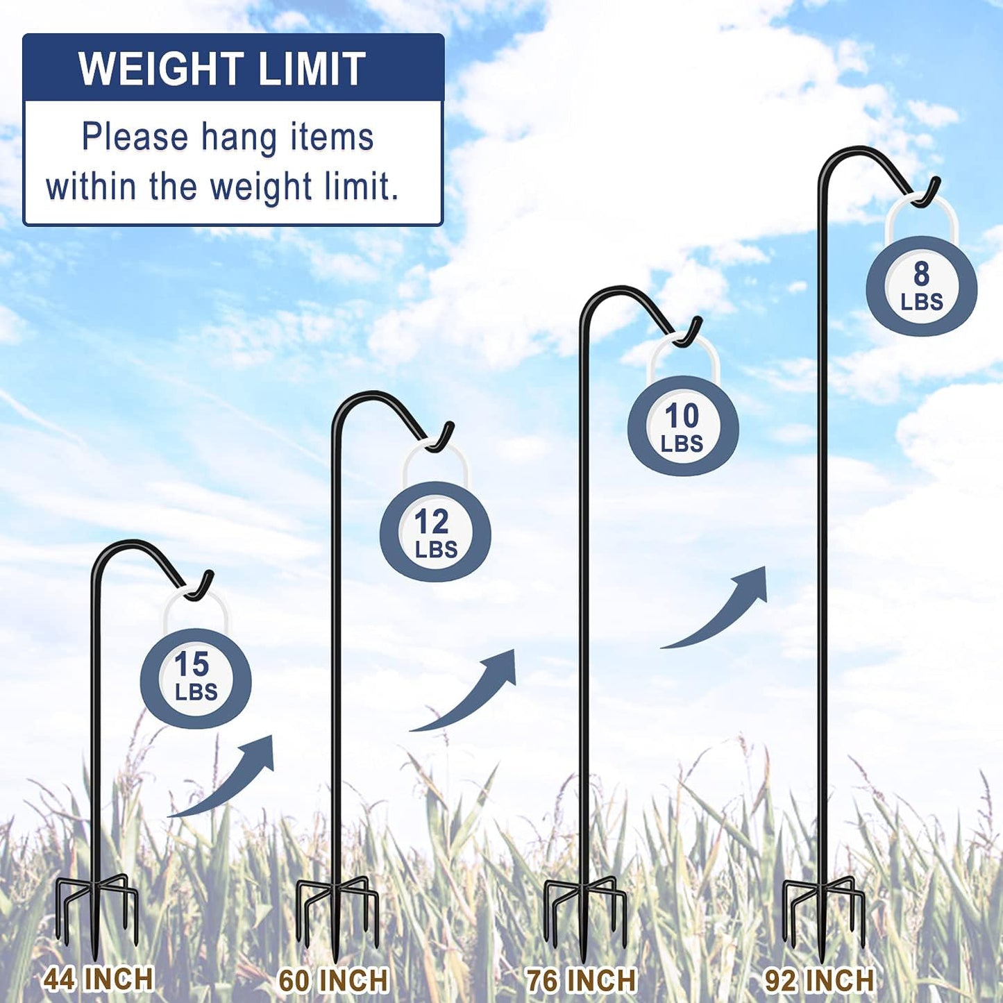 Shepherds Hook for Outdoor Bird Feeders Pole 92 Inch Tall, Adjustable Heavy Duty Garden Hanger Stake Pole with 5 Prong Base, Shiny Black (2 Packs)