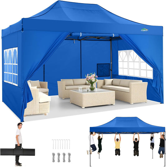 COBIZI 10x15 Pop up Canopy Heavy Duty with 4 Sidewalls, Easy Set-up Commercial Outdoor Party Canopy, 100% Waterproof Wedding Gazebo, 3 Height Adjustable with Handbag, Blue