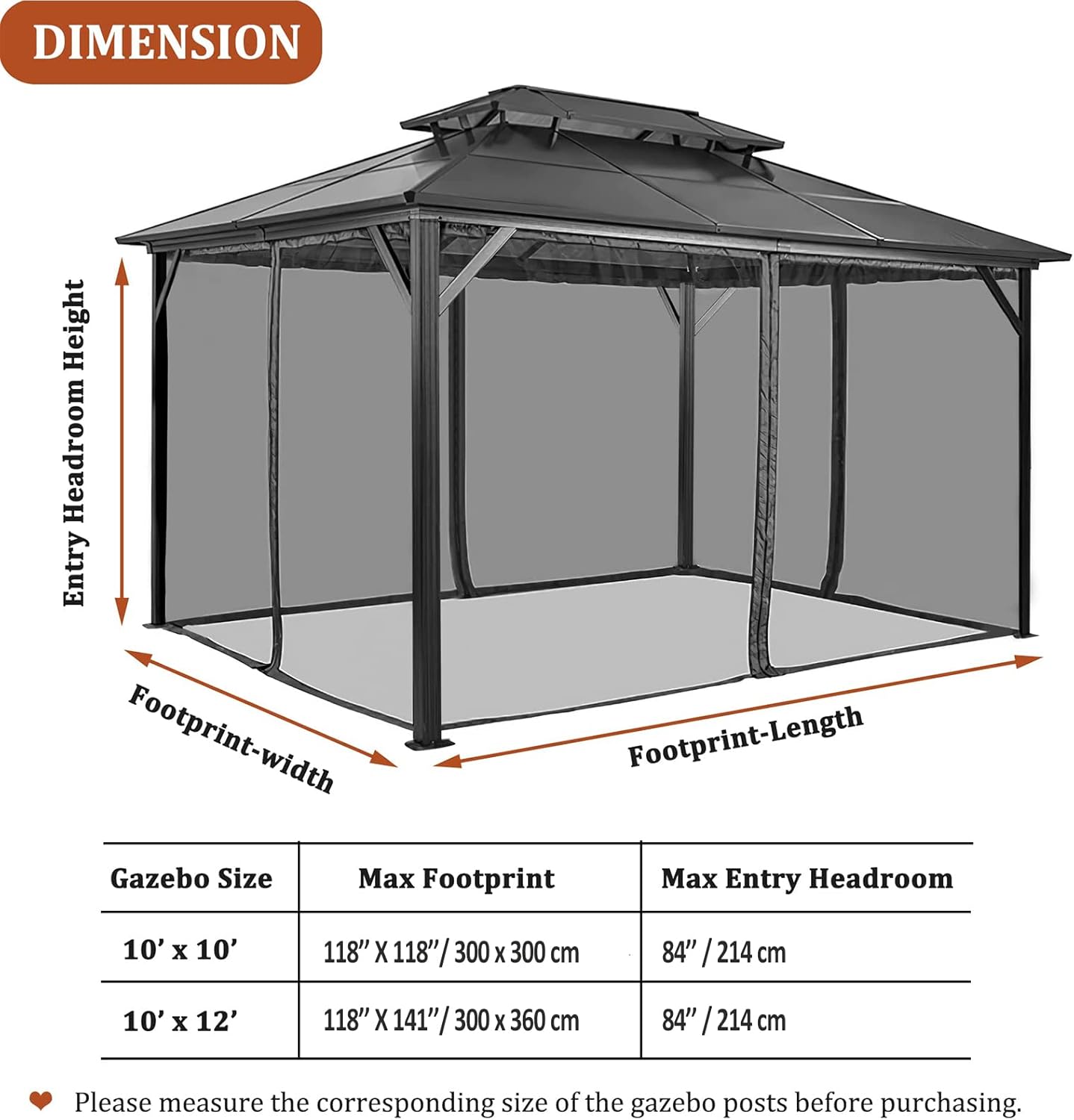 Gazebo Mosquito Netting Replacement 10' x 10' x 7'1'', Universal 4-Panel Screen Sidewall with Zipper, Black (Mosquito Net Only)