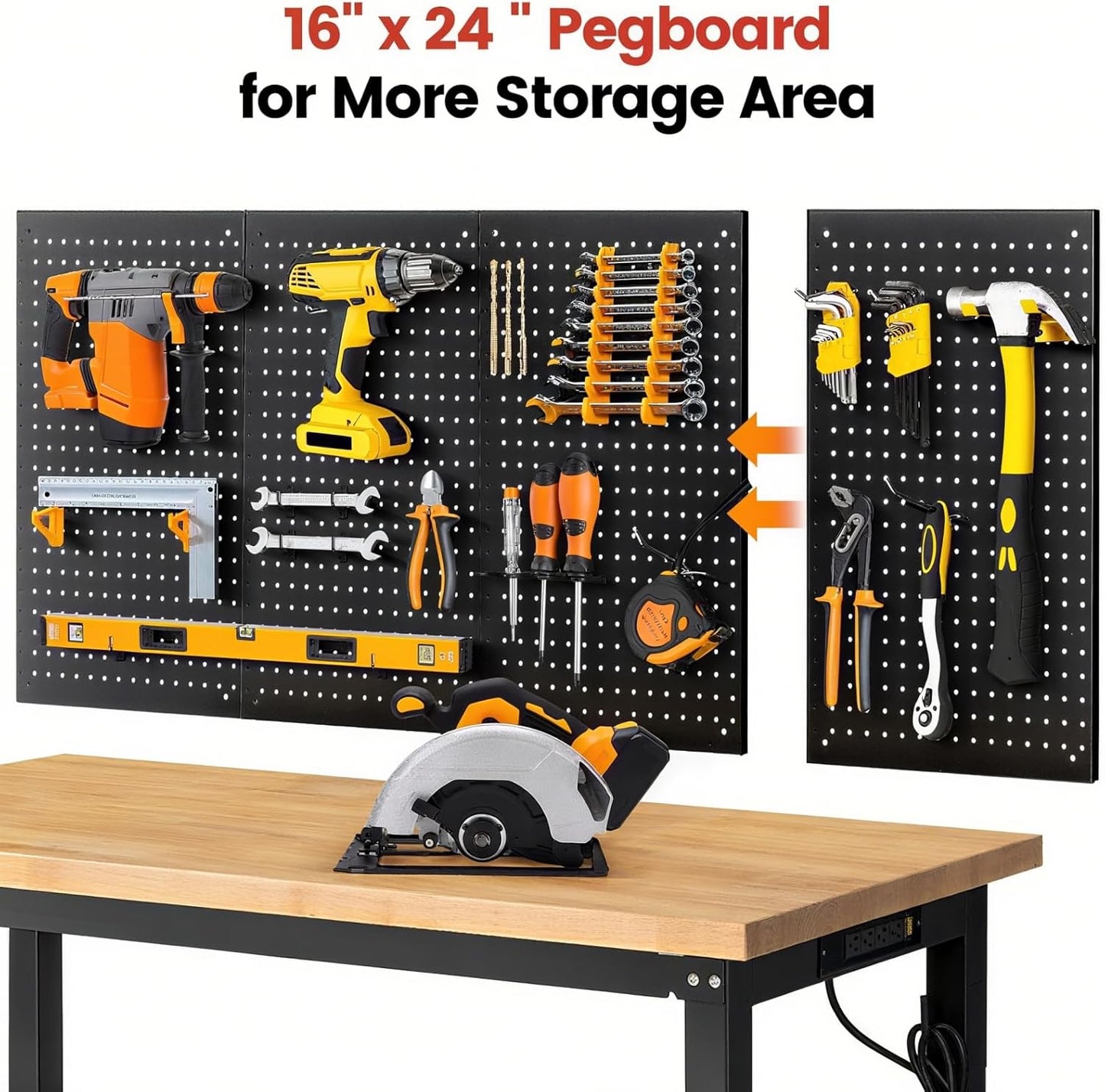 Work Table for Garage 60 x 22 Inch Adjustable Height Workbench Heavy Duty Rubberwood Tabletop Work Bench with Power Outlets Pegboard Pad for Woodworking Shop, Home, Office