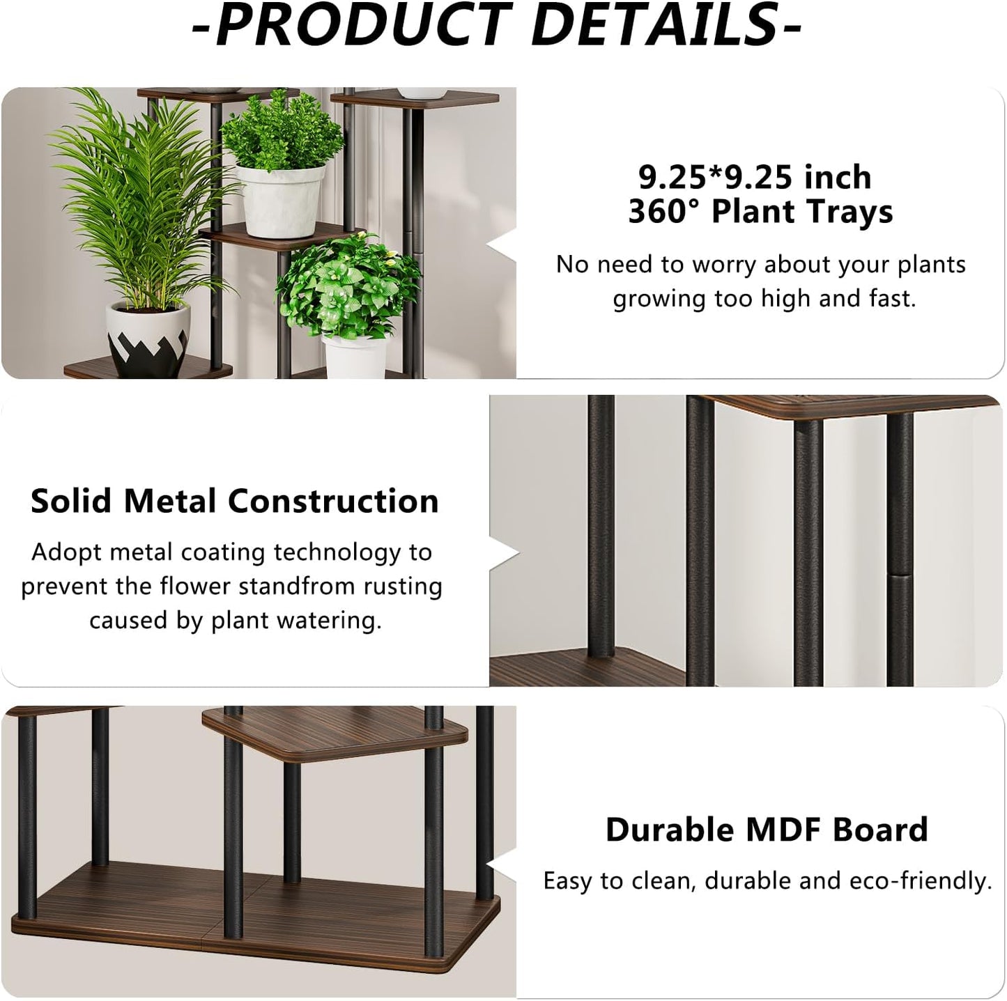 AZERPIAN Plant Stand 7 Tier Indoor Metal Flower Shelf for Multiple Plants Corner Tall Flower Holders for Patio Garden Living Room Balcony Bedroom, Black Oak