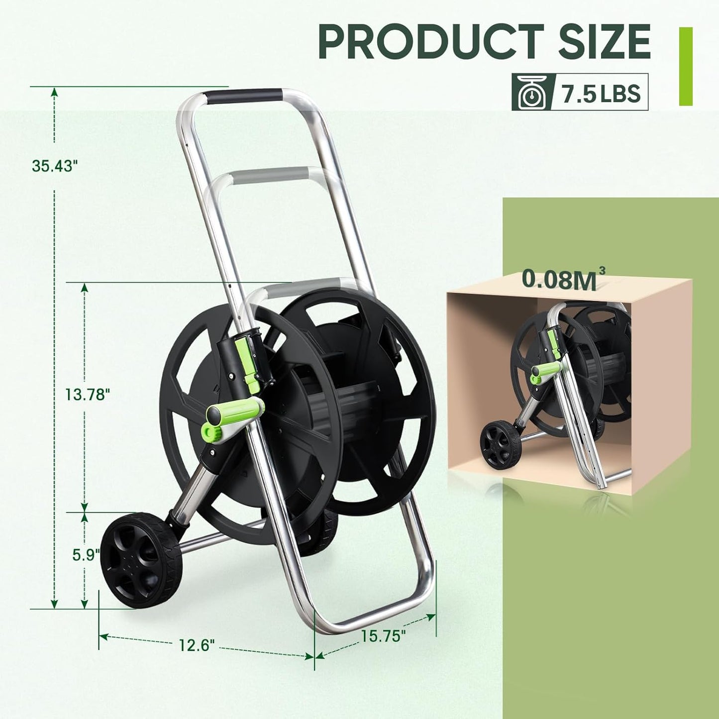 Garden Hose Reel Cart, Holds 75-150 Feet of 5/8-Inch Hose, Portable Hose Reel Cart With Wheels,Adjustable Handrail, Quick Hose Connector