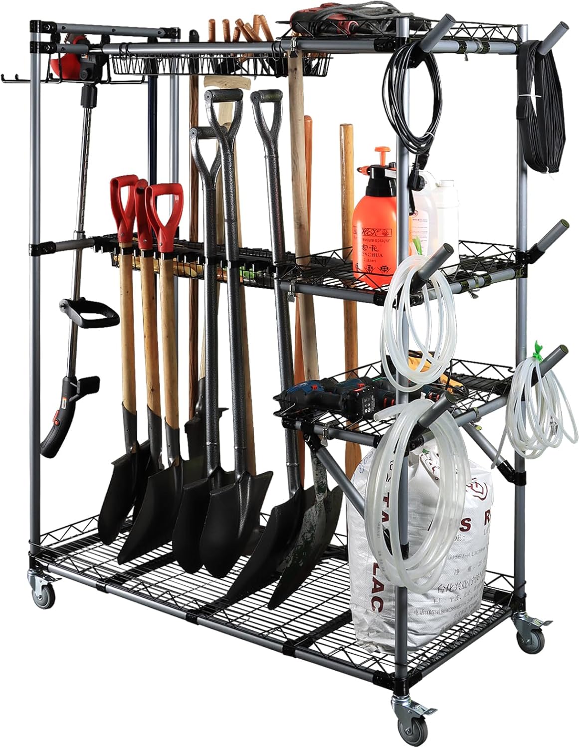BIG Garden Tool Organizer with Wheels - Rolling Storage Rack - Multifunctional Cart