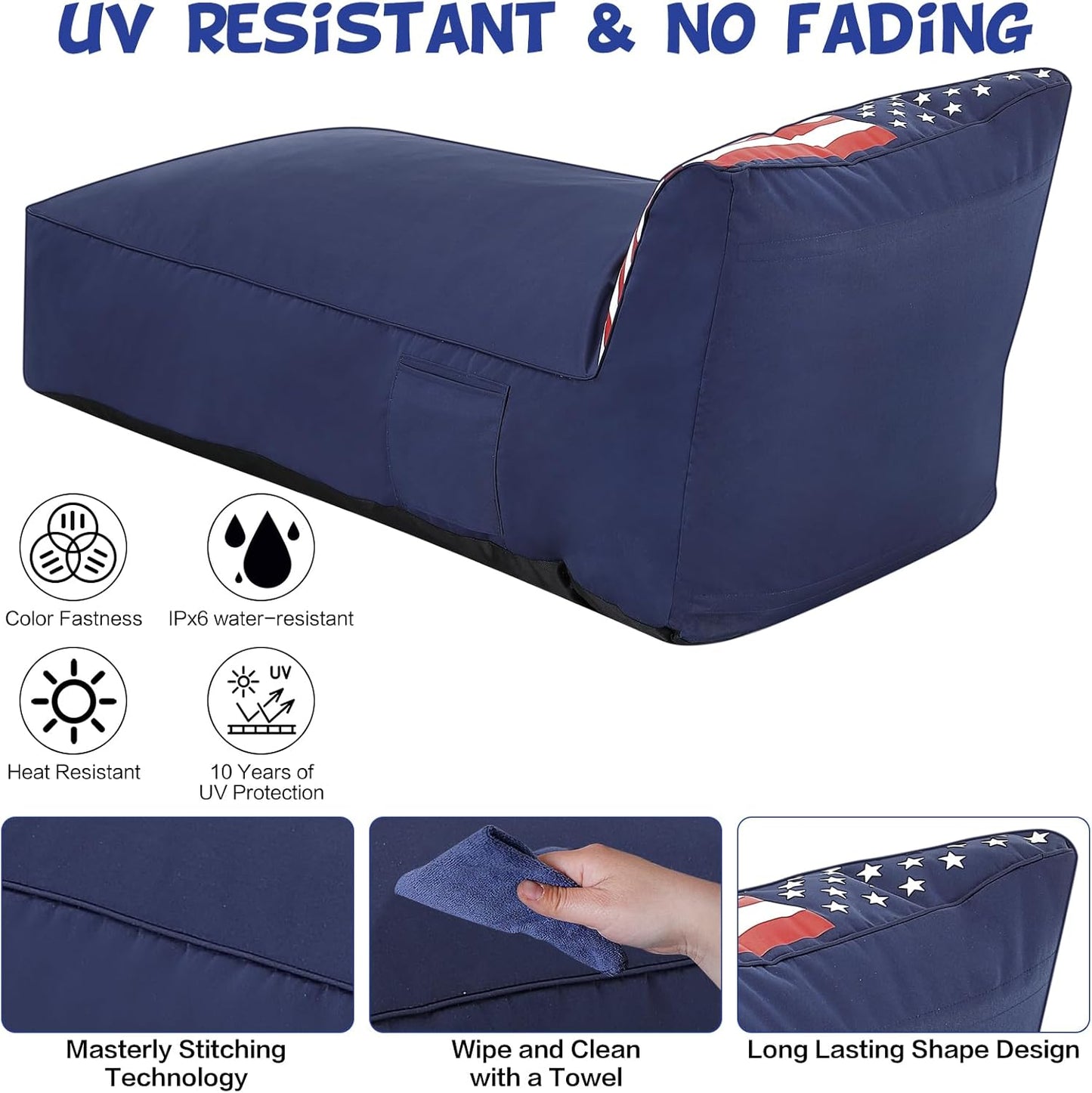Outdoor Chaise Lounge Chair, Sunbed UV Resistant American Flag Sofa Couch Patio Waterproof Outside Sunlounge Reclining Sunbathing Bed Comfy Single Chaise Daybed for Garden, Pool, Beach, Navy Blue