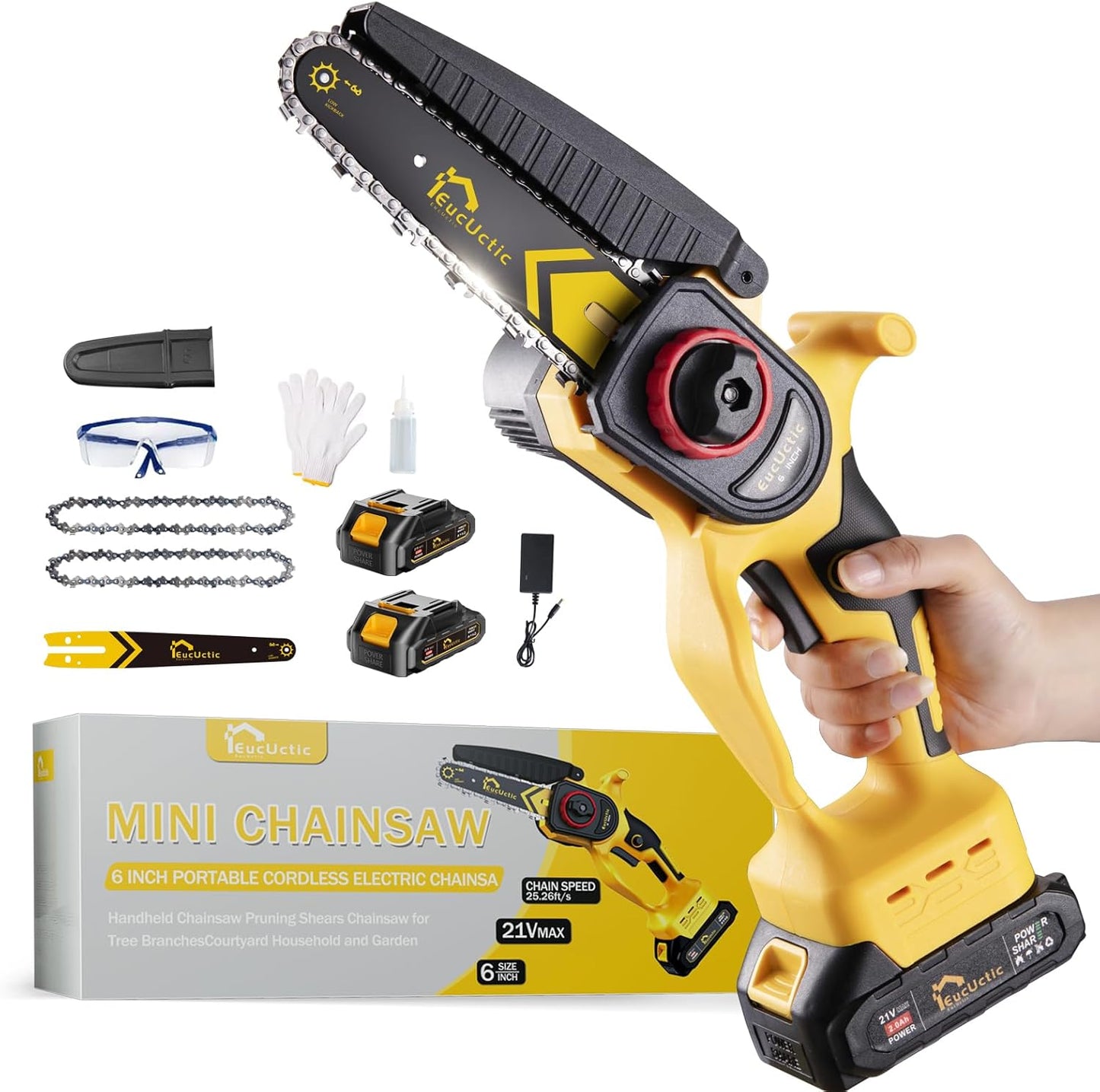 Mini Chainsaw Cordless 6-Inch, 21V Small Chainsaw with 2 Battery Handheld Electric Chain saw–Lightweight&Safe for Wood Cutting, Tree Trimming, Home, Garden, DIY, Best Gifts for Dad, Women (yellow)