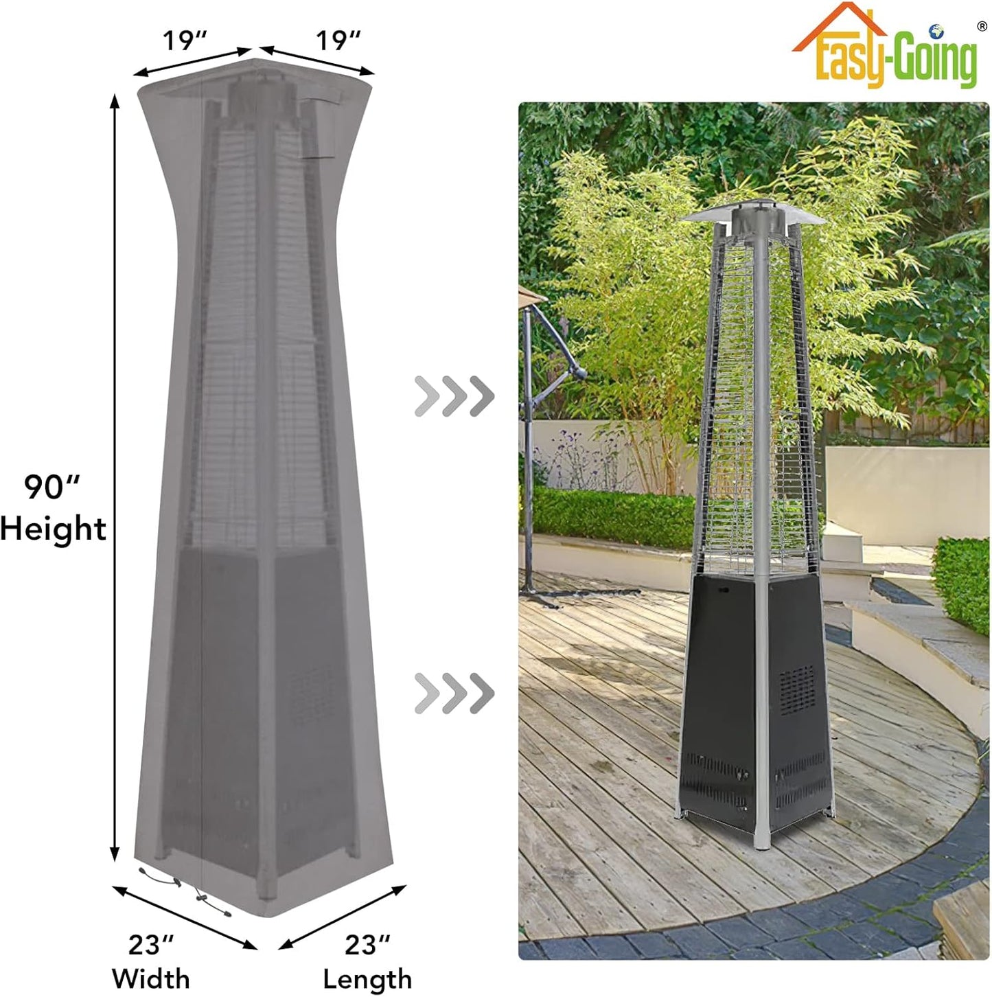 Easy-Going Pyramid Torch Patio Heater Cover with Zipper and Storage Bag, Waterproof Outdoor Heater Cover Dustproof, UV-Resisant, Wind-Resistant (90" H x 23" L x 23" W, Grey)
