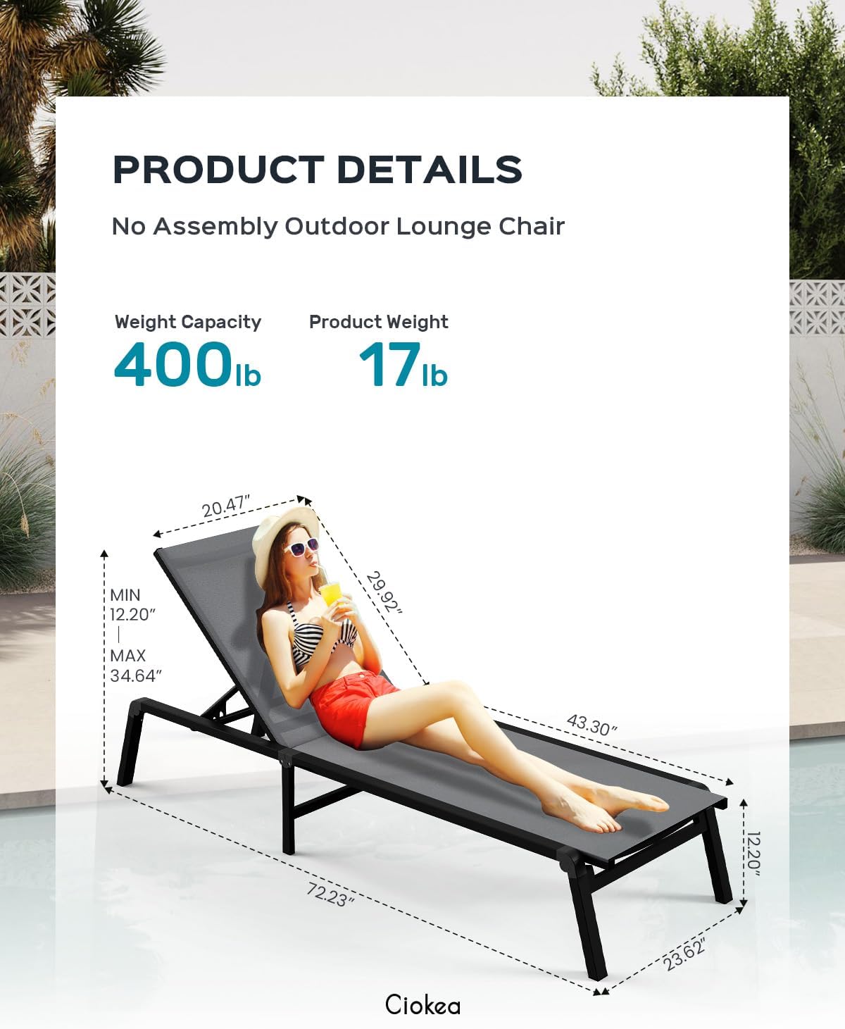 Aluminum Chaise Lounge Ourdoor - Foldable & Assemble Free Outdoor Lounge Chair with 5 Adjustable Backrest, Patio Lounge Chair for Outside Poolside Beach Pool, Grey