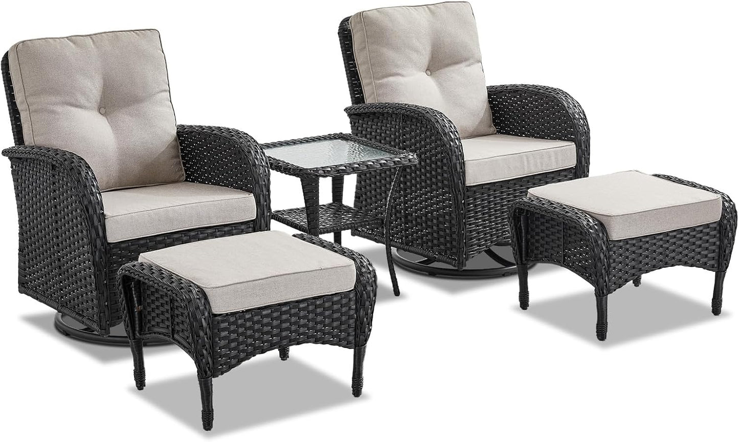 5 Pieces Wicker Patio Furniture Set - Swivel Rocker Outdoor Chairs with Ottomans and Side Table, Small Patio Conversation Set for Deck Porch Backyard Black