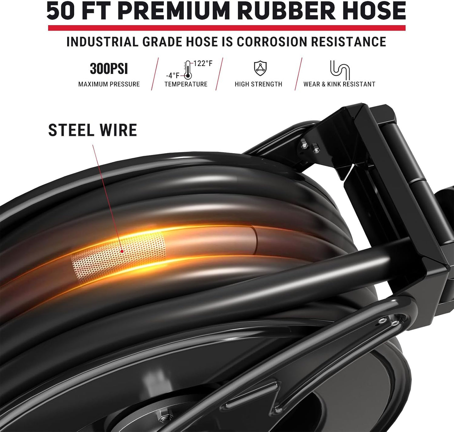 Fuel Hose Reel 3/4" x 50FT Retractable Diesel Hose Reel 300PSI Ratchet Spring Driven Hose Holder Reel Heavy Duty Industrial Steel with Fueling Nozzle for Aircraft Tank Truck Trailer Ship, Black