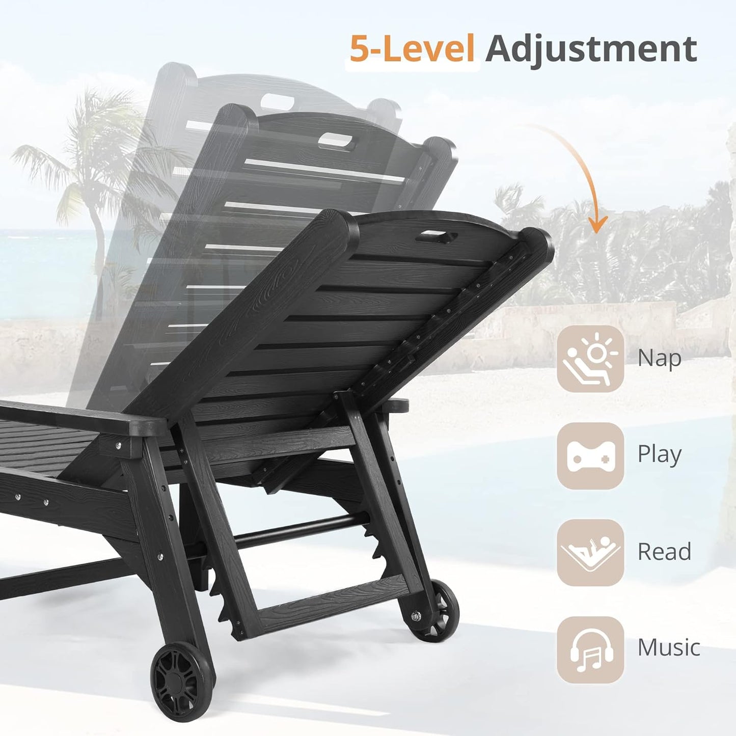 LUE BONA Chaise Lounge Chairs Set with Table, 3-Piece, HDPS Chaise Lounger, 5 Positions Adjustable Lounge Chairs, Pool Lounge Chair with Wheels for Poolside, 3 Year Warranty, Black