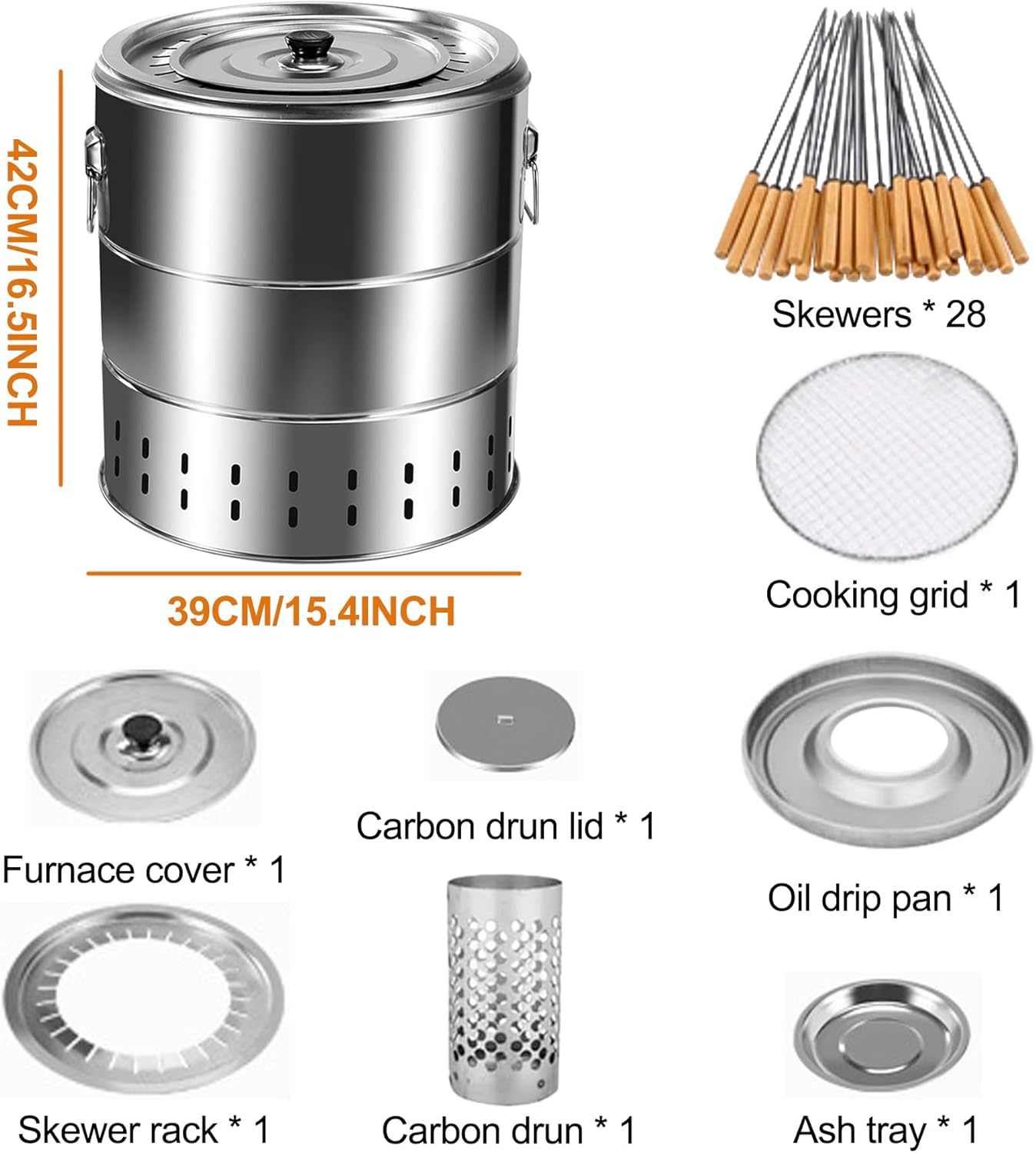Portable Smokeless Barbecue Charcoal Barrel Grill, Stainless Steel Surround Charcoal kebab Grill with 28 Skewers and BBQ Grill Cooking Grate, Diameter 15.4 inch