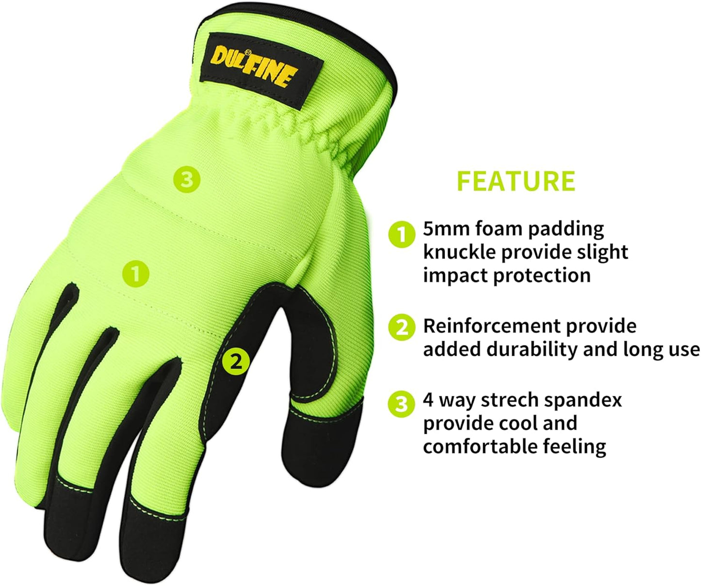 DULFINE High Performance Work Gloves For Men(3 Pairs Pack),Hi-Vis Yellow Color,High Dexterity Touch Screen For Multipurpose,Excellent Grip (Large)