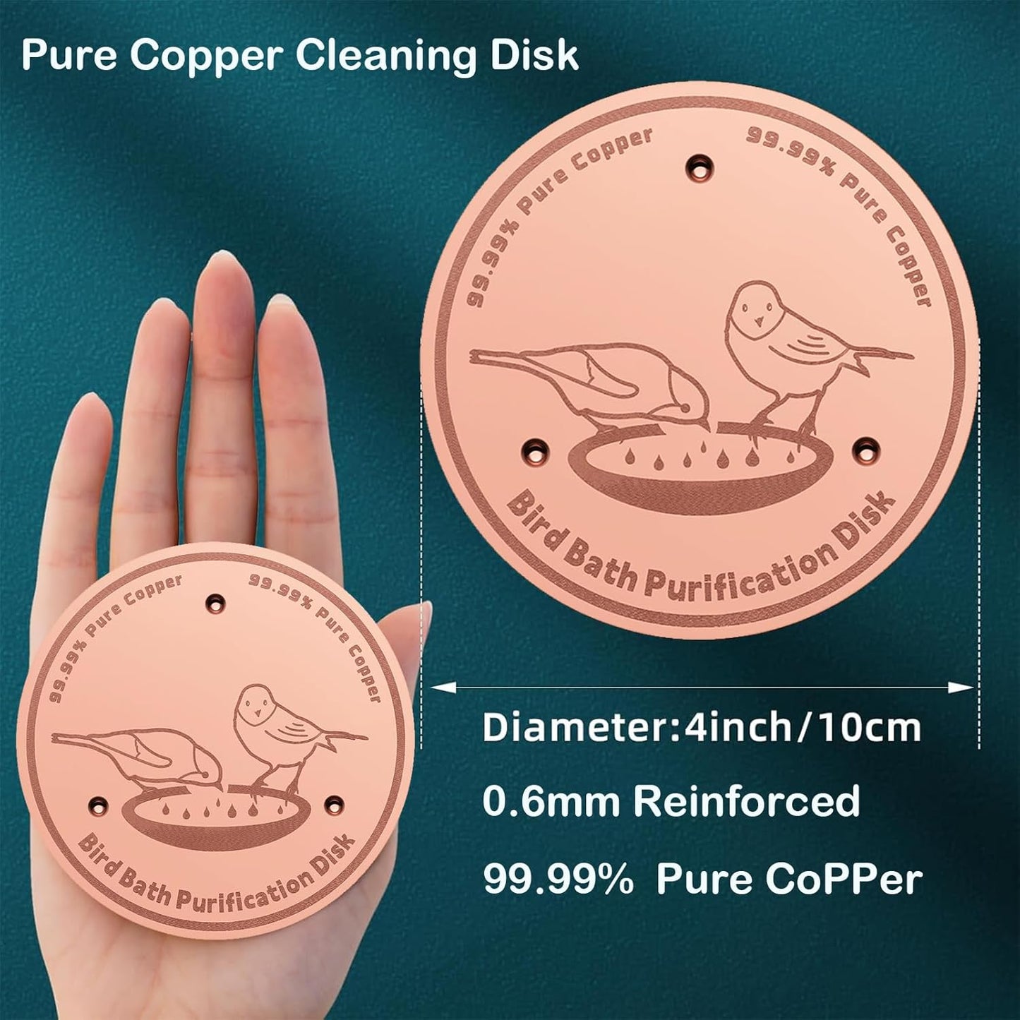 4-Pack 99.99% Pure Copper Bird Bath Purification Disk,Copper Disc with Stable Triple-Point Support,Fits All Outdoor Bird Baths(Round)