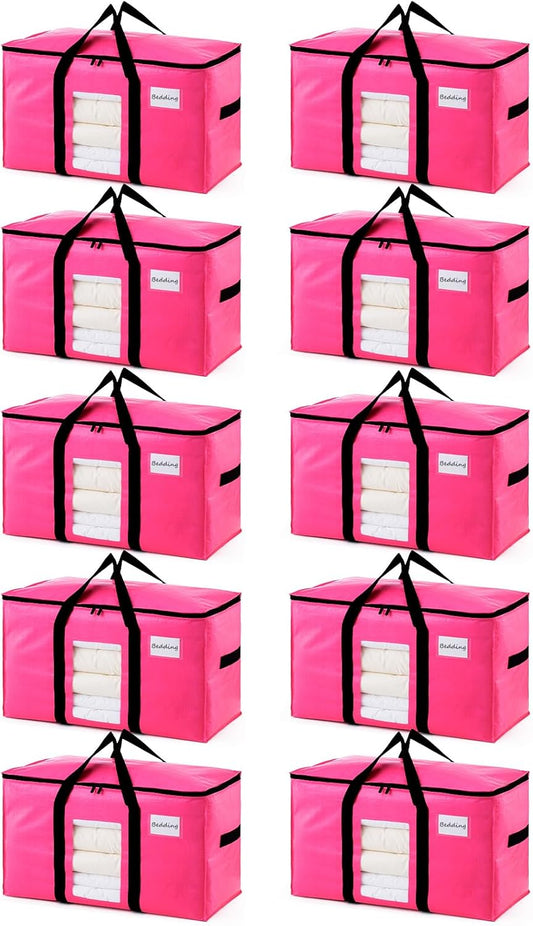 TAILI 10 Pack Pink Extra Large Moving Bags, Heavy Duty Totes with Visible Window, Wrap Around Handles, Ideal for Storage, Space-Saving