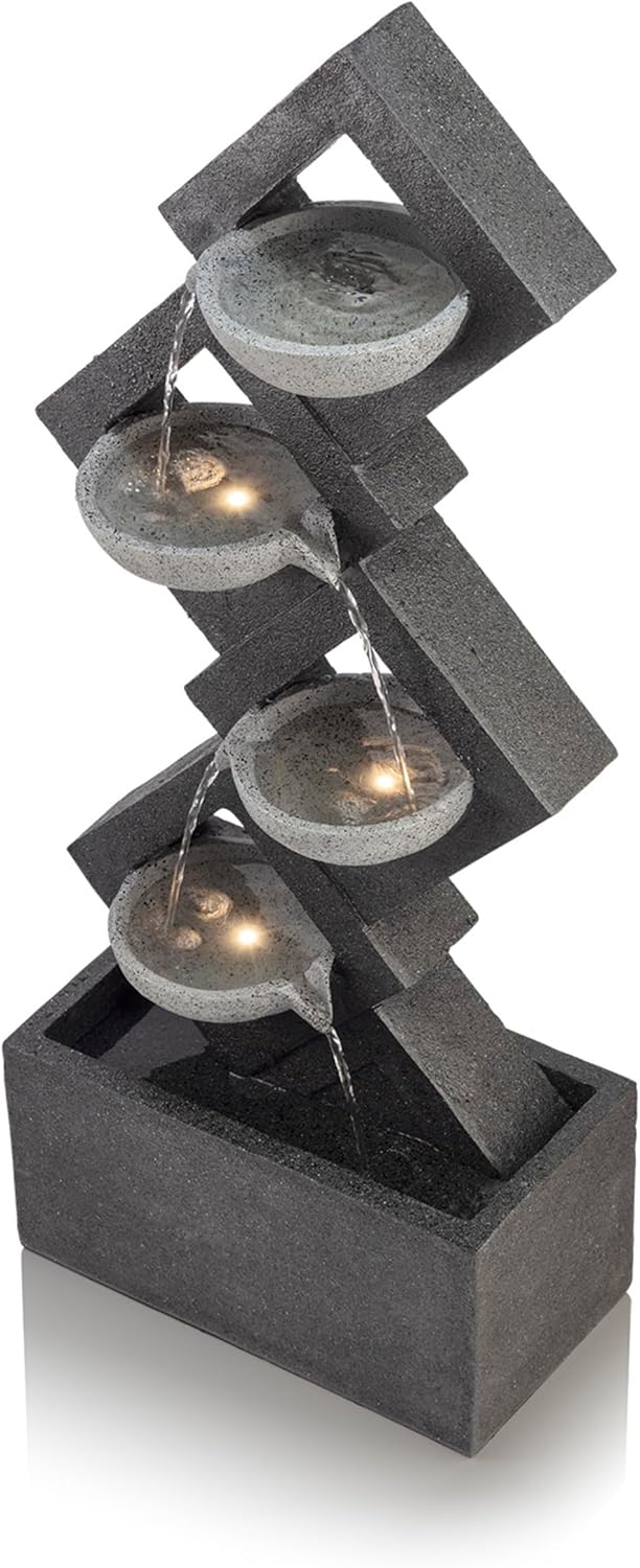 Alpine Corporation GIL1642 Outdoor Floor 4-Tiered Stone-Inspired Waterfall Fountain with LED Lights, 39", Gray