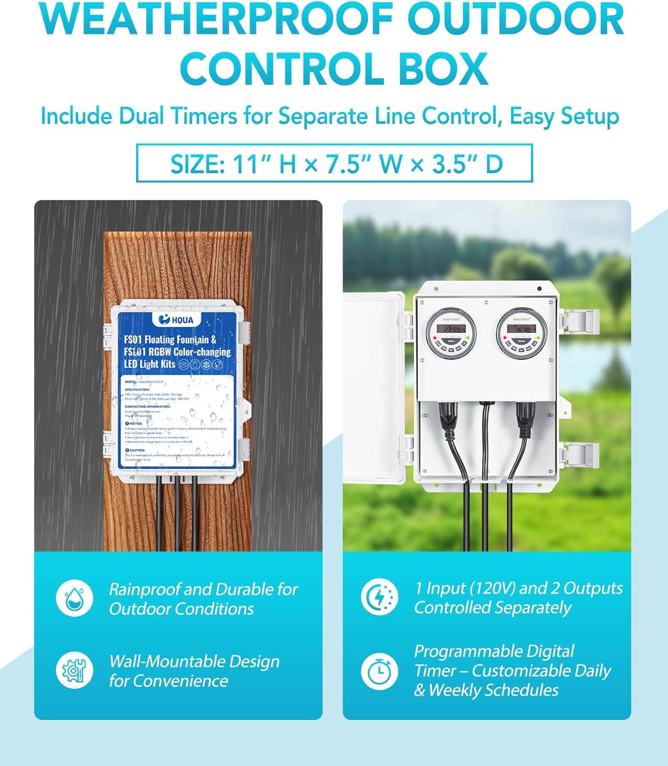 HQUA FS01 120V, 1/2HP, Large Pond Floating Fountain with FSL01 LED RGB Color-Changing Light Sets, 100’ cord, 13000 GPH, Two spray patterns 32'x12' and 18'x6'