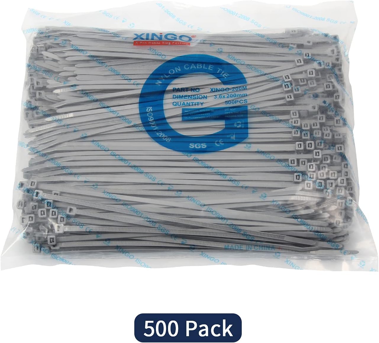 XINGO 8 Inch Silver Cable Zip Ties (500 Pack), 40 Lbs Tensile Strength-Heavy Duty, Self-Locking Nylon Plastic Nylon Wire Ties for indoor and outdoor use