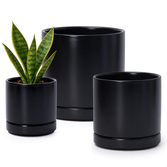 D'vine Dev 4 Inch & 6 Inch & 8 Inch, Set of 3 Round Ceramic Planter Pot with Drainage Hole and Saucer, Black, 94-T-M-2
