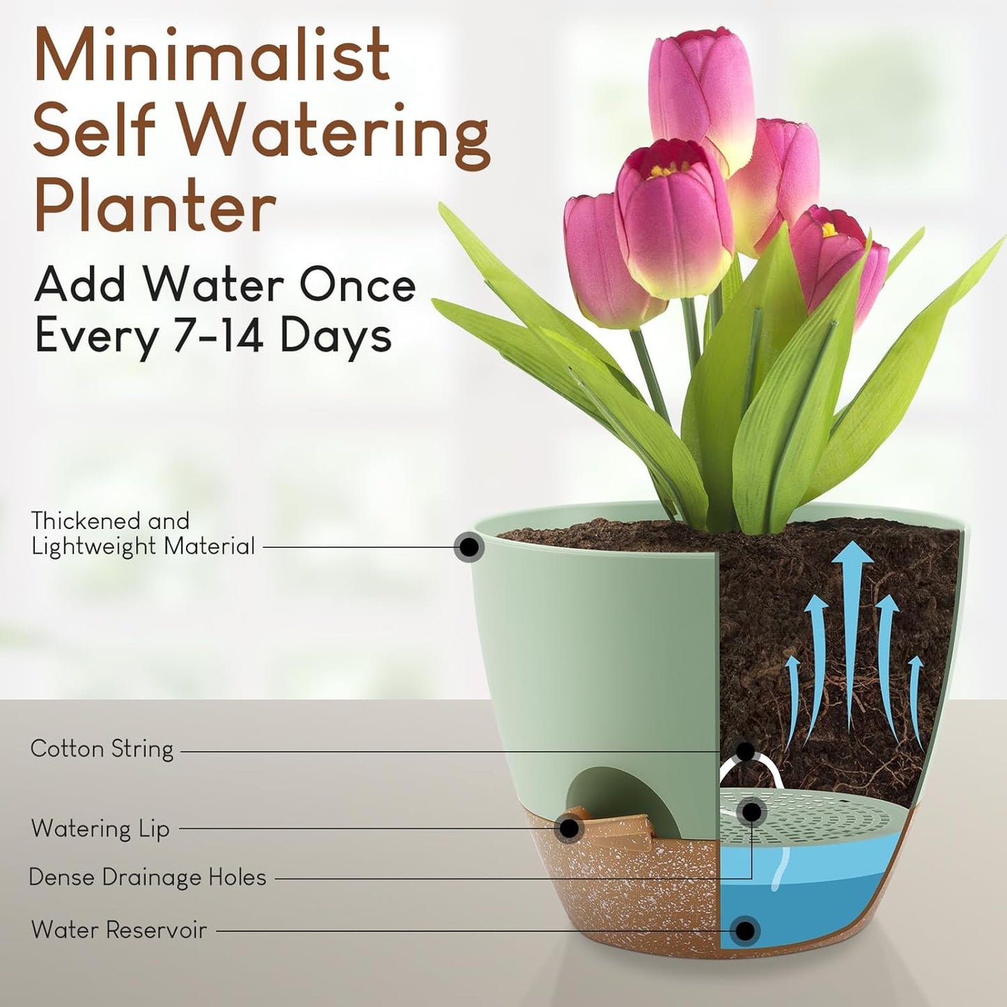 Plant Pots 10/9/8/7.5/7 inch, Self Watering Planters with Drainage Holes & Saucers for Indoor and Outdoor Plants (Green)