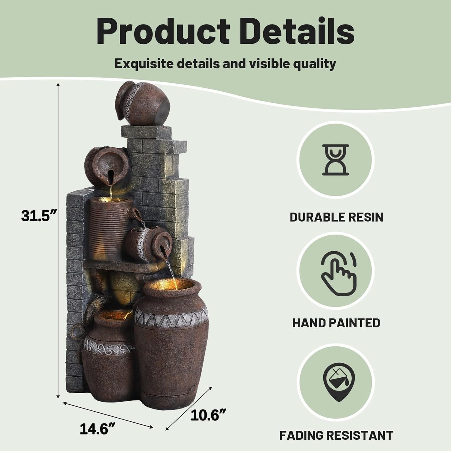 6-Tiers Garden Waterfall Fountain Outdoor - 31’5''H Water Fountains and Waterfalls, Large Outdoor/Indoor Floor Standing Resin Water Fountain with LED Light for Patio, Garden and Home (31.5”H)