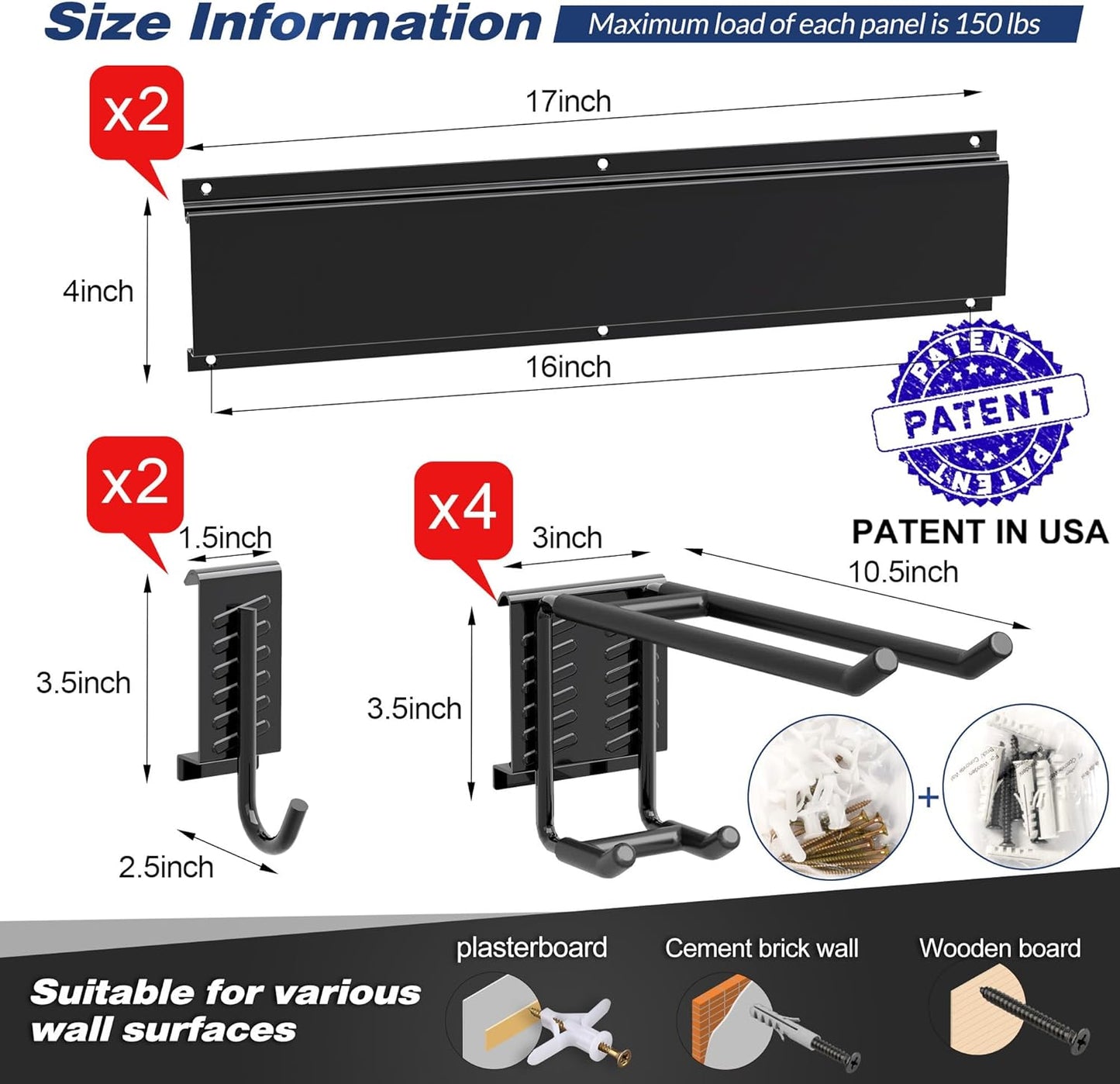 Garage Tool Storage Rack, Heavy Duty Garage Storage Organizer Rack System Wall Mounted Tool with 6 double hooks, 2 rails, Garden Yard Tools Hanger Rack for Ski Gears, Broom, Rake,Shovel
