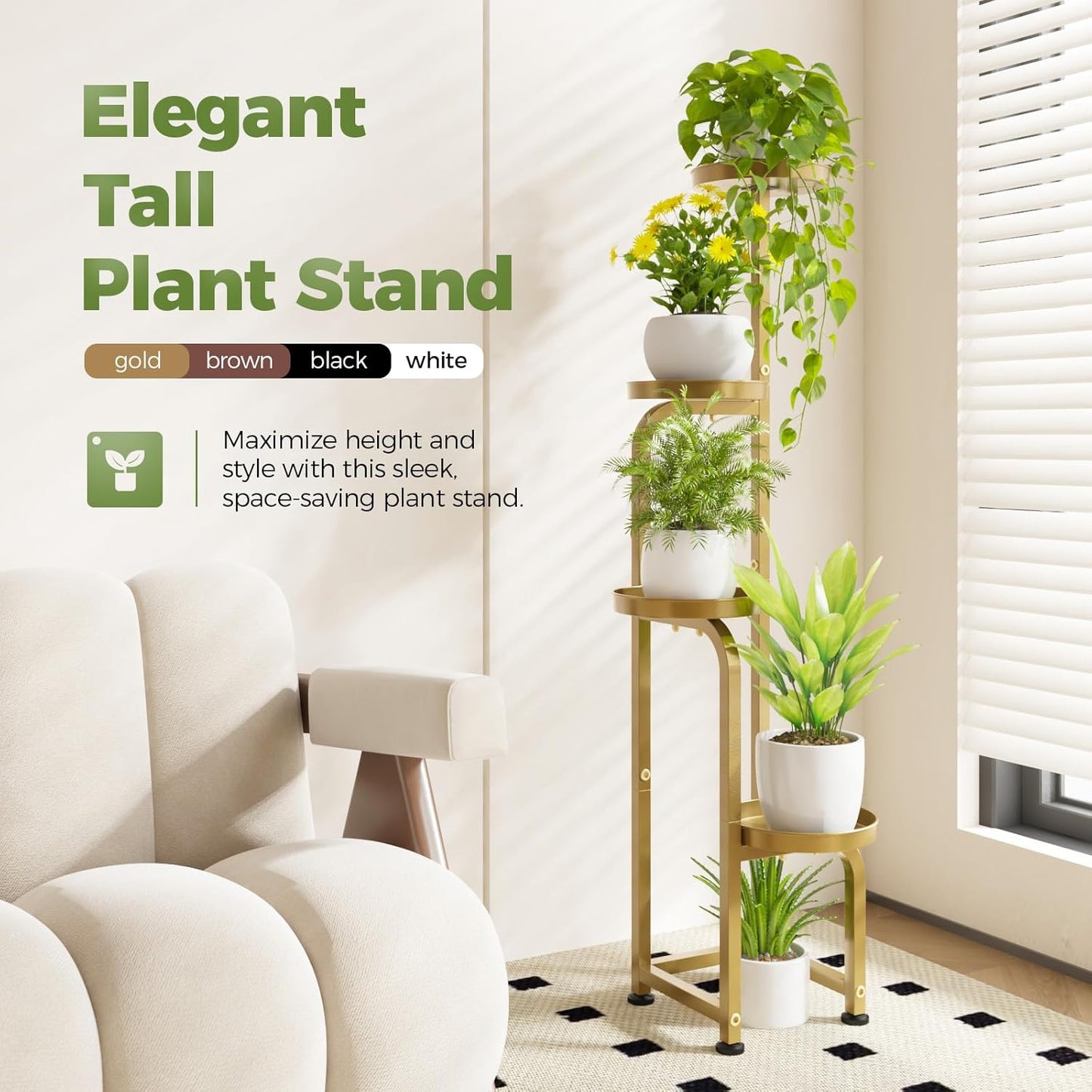 Bamworld Corner Plant Stand Indoor Outdoor, Tall Metal Flower Pot Stands for Multiple Plants, 4 Tier Gold Heavy Duty Plant Shelf for Patio Garden Balcony Living Room Bedroom(Patent Design)