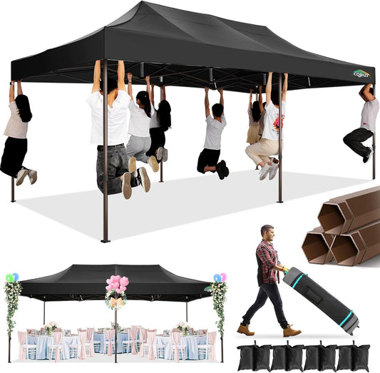 COBIZI 10x20 Pop Up Canopy Heavy Duty Without Sidewalls, Commercial Heavy Duty Pop Up Tent for Parties All Weather Waterproof and UV 50+ Wedding Tent with Roller Bag(Legs Upgraded),Black