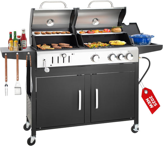 3 Burner Propane Gas and Charcoal Grill Combo with Side Burner & Porcelain-Enameled Cast Iron Grates, 37,000 BTUs 685 SQIN Dual Fuel Outdoor BBQ Grill for Patio Garden Picnic Backyard Barbecue Cooking