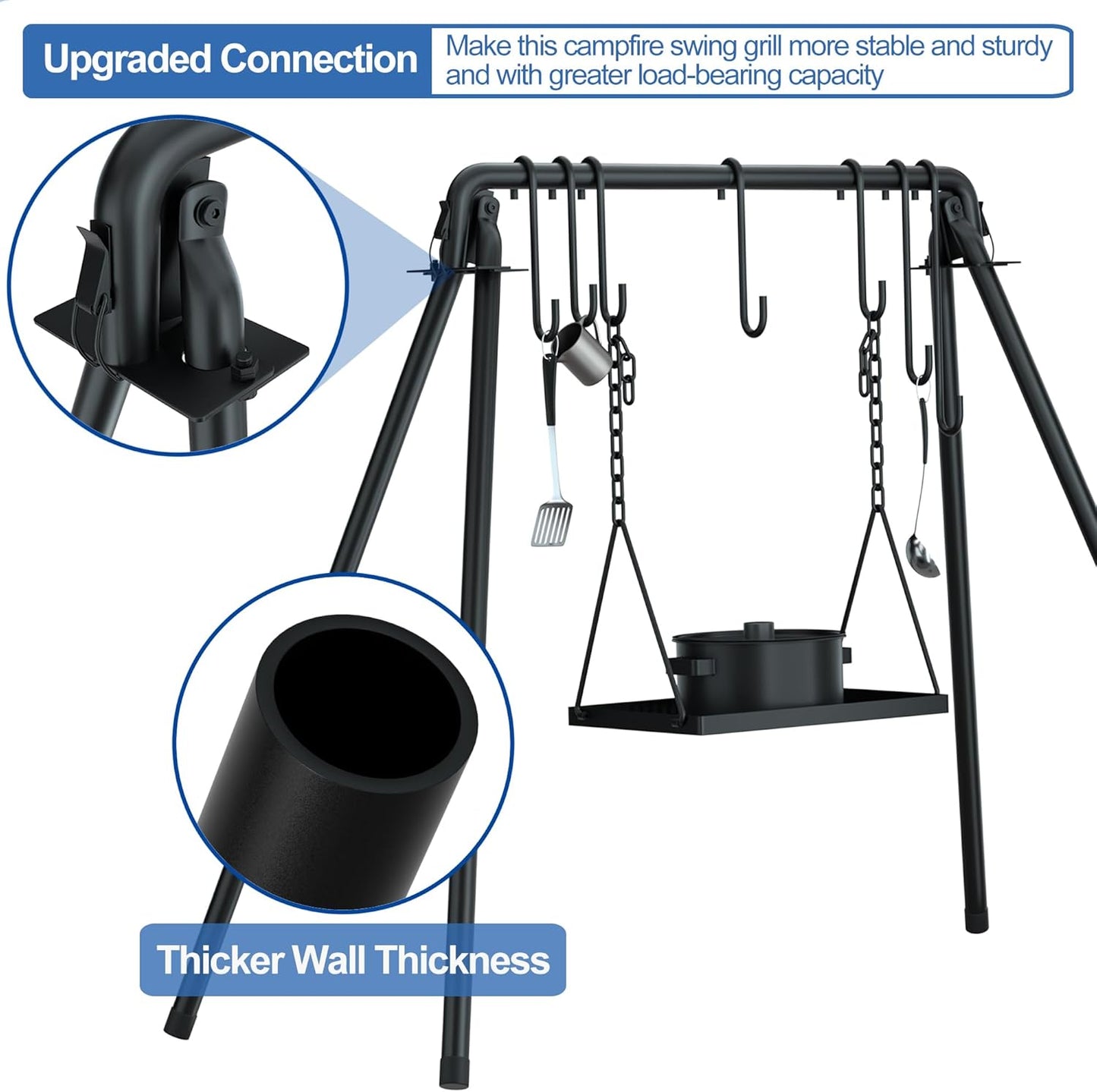 RELIANCER Grill Swing,Campfire Grill Cooking Stand w/8 Hooks & Storage Bag,Cast Iron BBQ Party Swing Grilling Cooking Rack,Outdoor Picnic Camping Cookware Hanging Rack,Collapsible Bonfire Barbecue Set