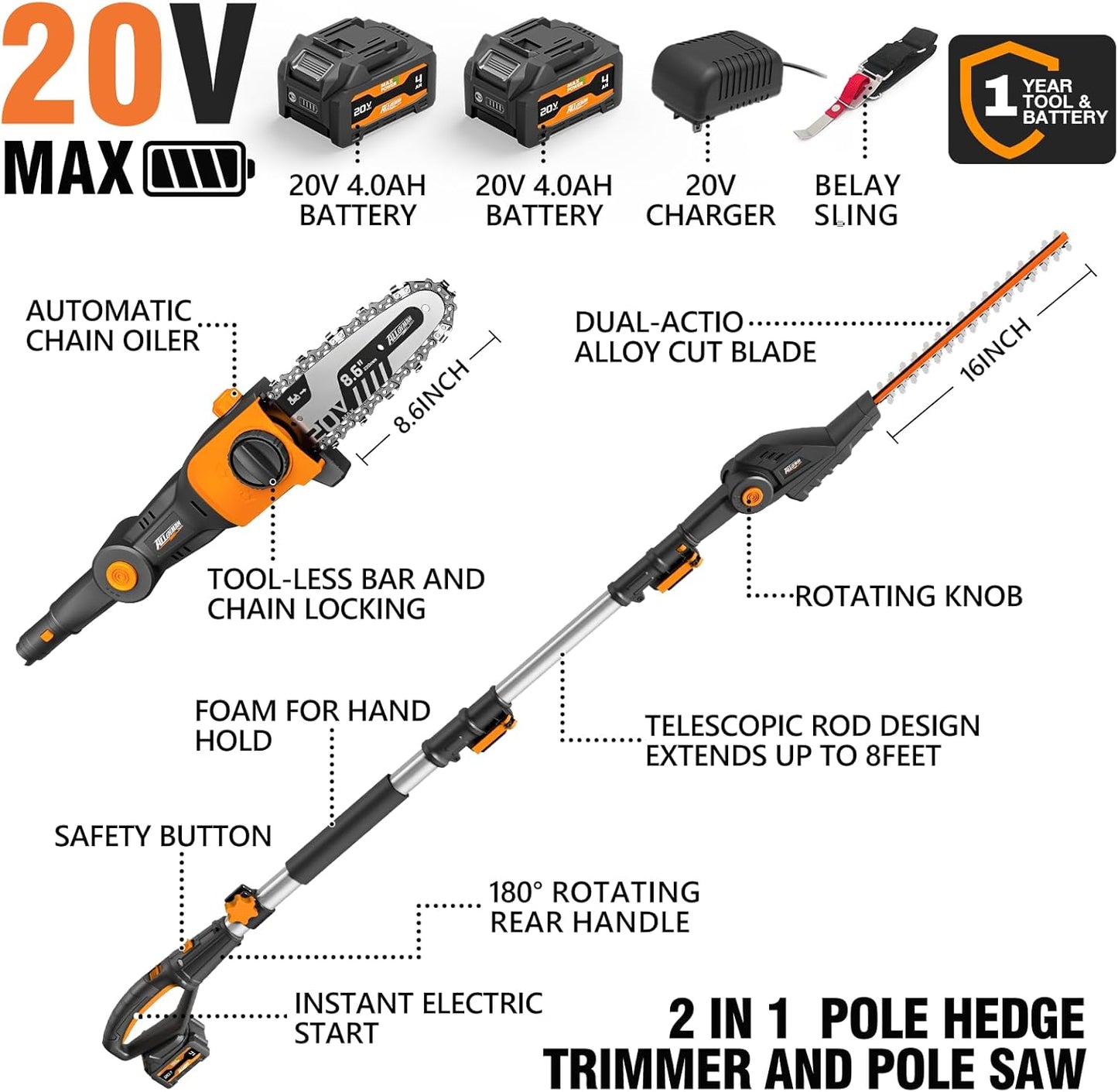 Alloyman 2-in-1 Telescoping Cordless Pole Hedge Trimmer 16-Inch and Pole Saw 8.6-Inch,with 2 Packs 4.0Ah Batteries & Charger,for Tree Trimming and Shrubs Pruning