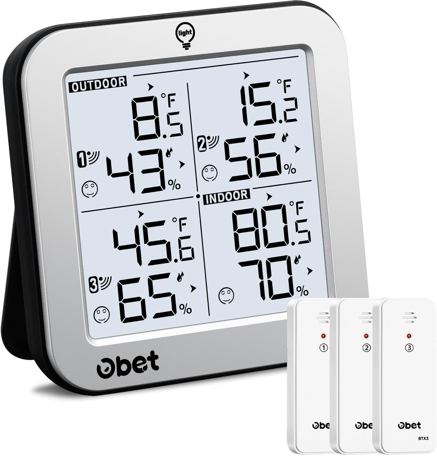 OBET Indoor Outdoor Thermometer Wireless with 3 Sensors Weather Station Temperature Humidity Monitor 500ft Range and Adjustable Backlight and Min Max Data Silver