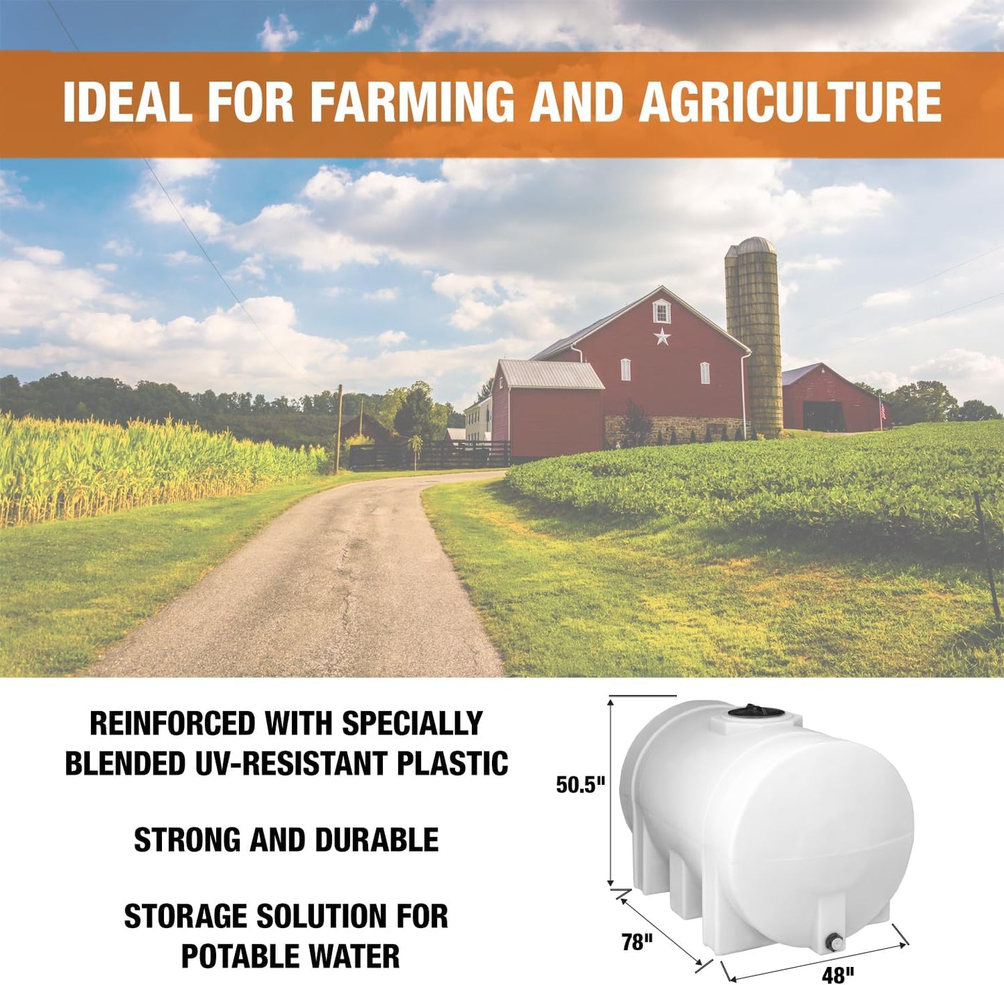 RomoTech 82124269 Horizontal Polyethylene Reservoir Water Tank w/Legs, 550 gal, Made in USA, Natural Poly Tank for Non-Flammable Liquids, UV-Resistant, Ideal for Agricultural Use, RV Water Storage