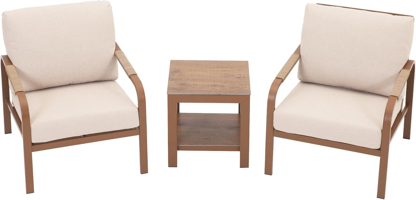 3 Piece Outdoor Bistro Set,All Day Hand-Woven Rattan Patio Furniture Set with Aluminium Frame and Coffee Table,Waterproof Fabric,Thickened Sponge Cushion,Suitable for Patio, Deck,Beige