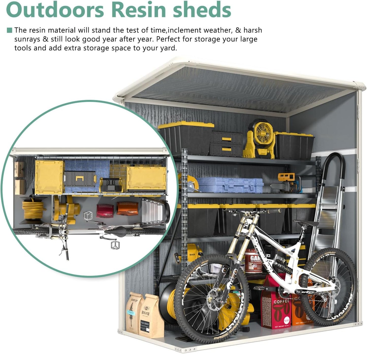 Aoxun Outdoor Storage Shed 5 x 3FT, Resin Shed with Floor and Lockable Door, Plastic Sheds for Garbage Can, Tool, Accessories, Lawn, Garden - Grey