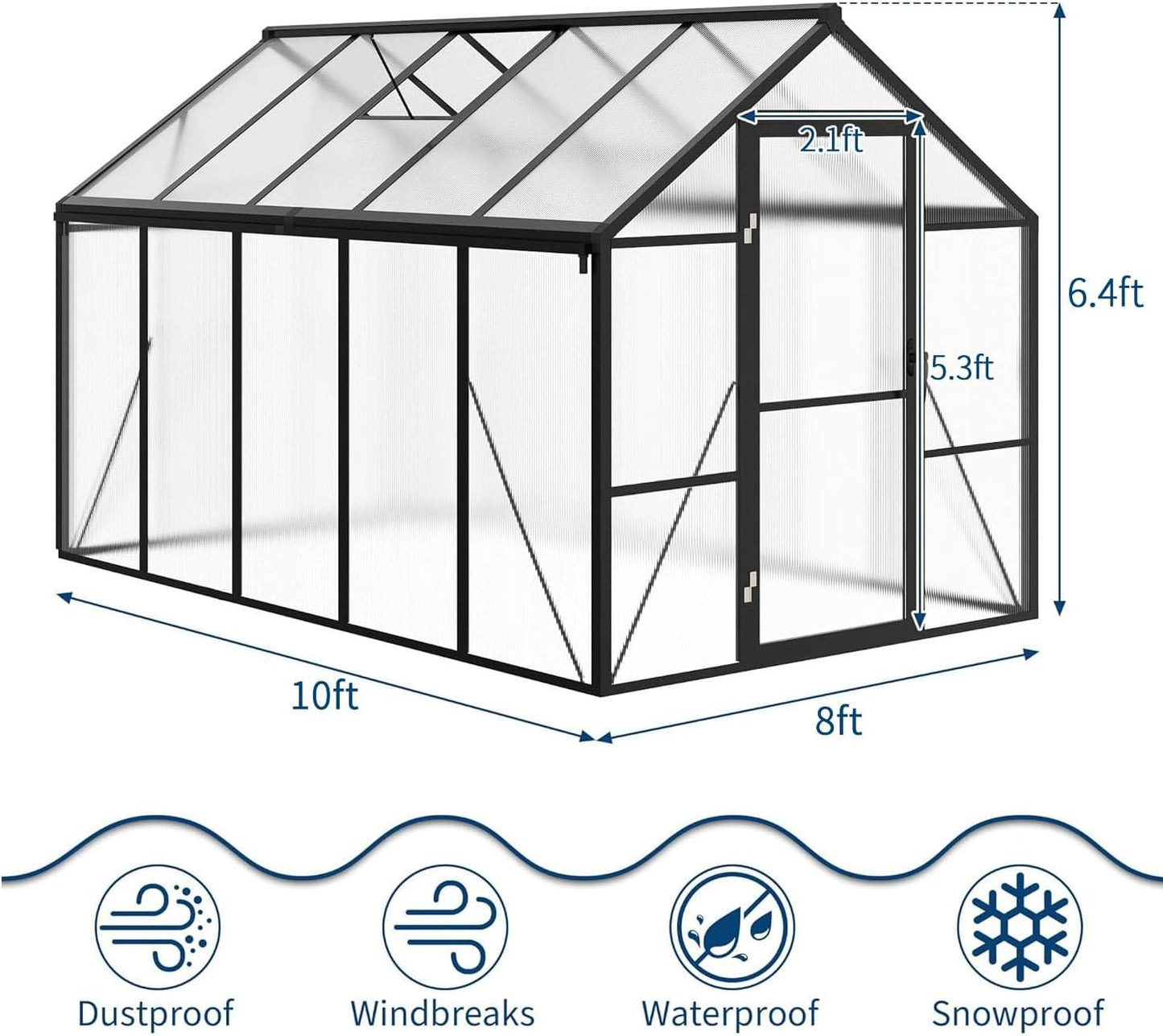 8x10 FT Outdoor Walk-in Greenhouse with Durable polyethylene Cover, Lockable Door, Adjustable roof Vent, and Ground Anchors. A Large, Sturdy Backyard Greenhouse Ideal for Patio, Lawn, and Gardening.