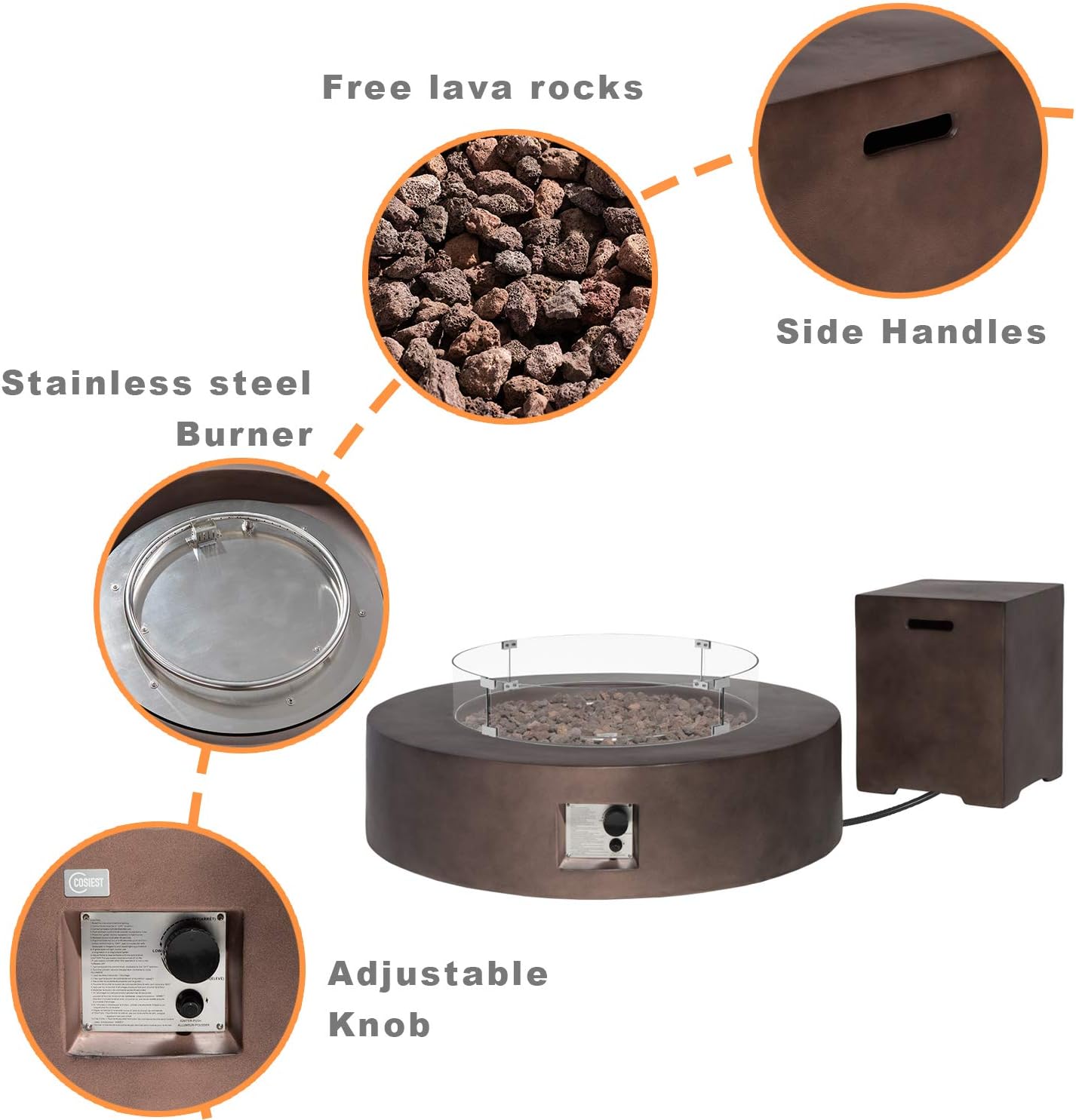 COSIEST 2-Piece Outdoor Propane Firepit Table Set w Tank Table, 42 inch Dark Fire Table CSA Certified, 50,000 BTU w Bronze Round Base,Wind Guard and 16 inches Tank Side Table 20lb for Garden,Pool