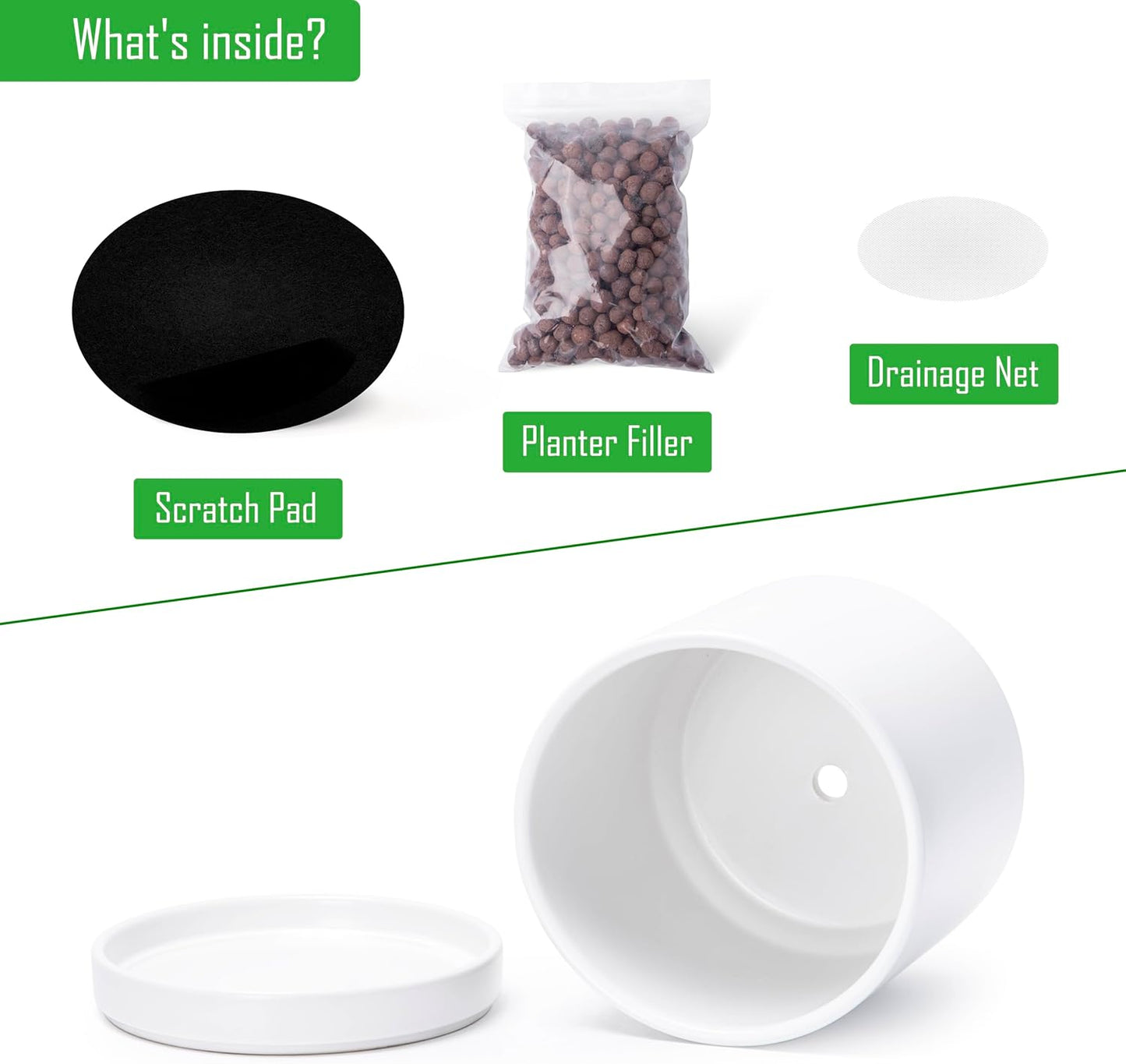 D'vine Dev 4 Inch & 6 Inch & 8 Inch, Set of 3 Round Ceramic Planter Pot with Drainage Hole and Saucer, White, 94-T-M-1