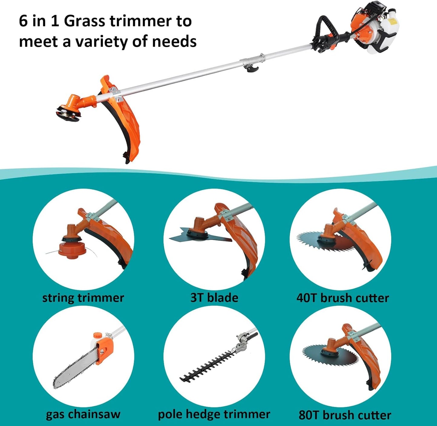 52cc Gas Weed Wacke, 6 in 1 Weed Eater 2-Stroke Gas String Trimmer Brush Cutter Gas Grass Trimmer Lawn Mower Grass Cutter