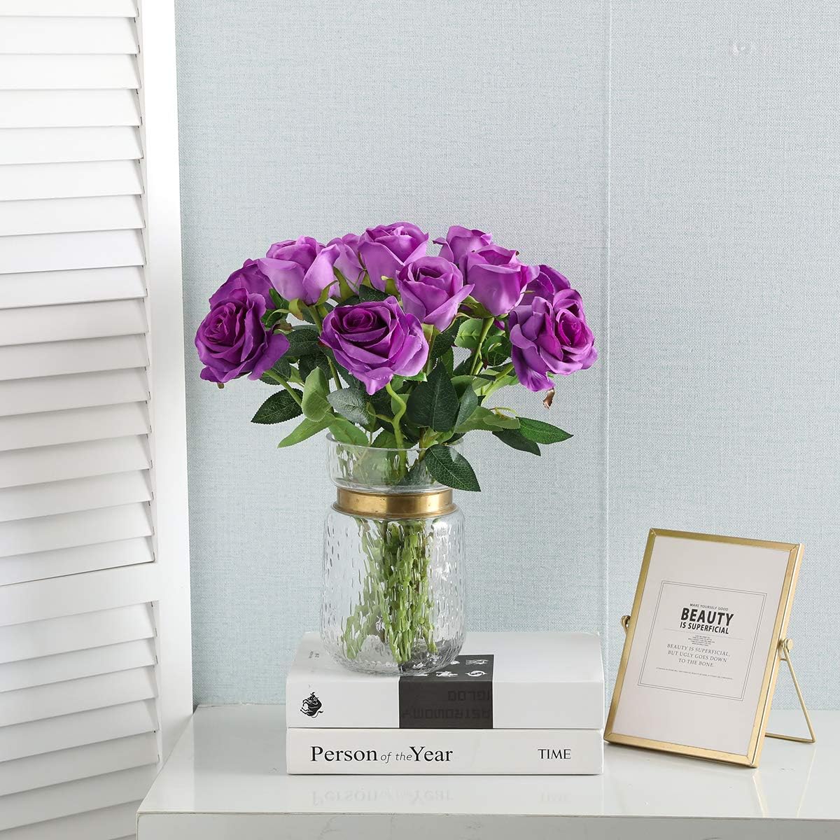 Hawesome 12PCS Artificial Silk Flowers Realistic Roses Bouquet Long Stem for Home Wedding Decoration Party (Purple 1)