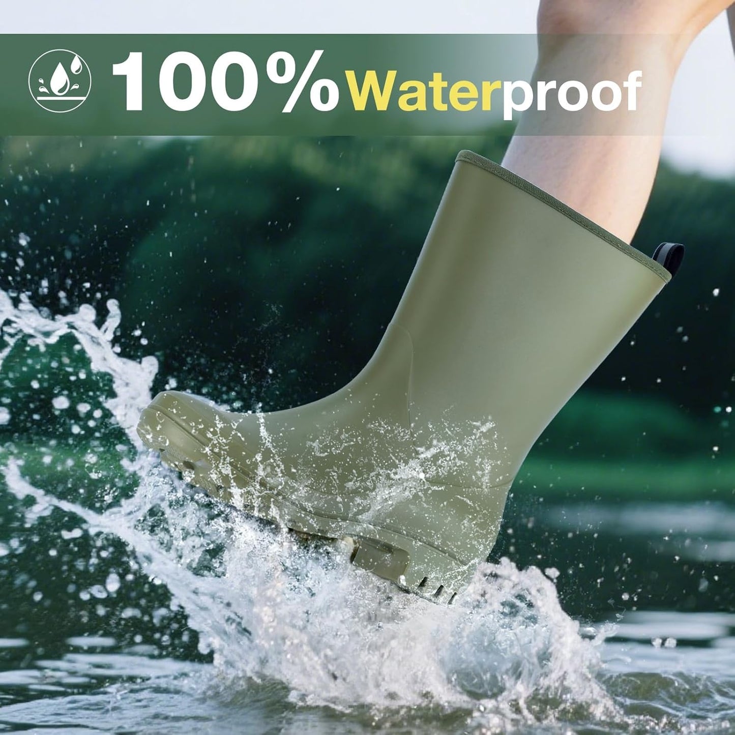 Mid Calf Rain Boots Women Waterproof PVC Womens Rubber Rain Boot Seamless Rain Footwear Outdoor Garden Work Walking