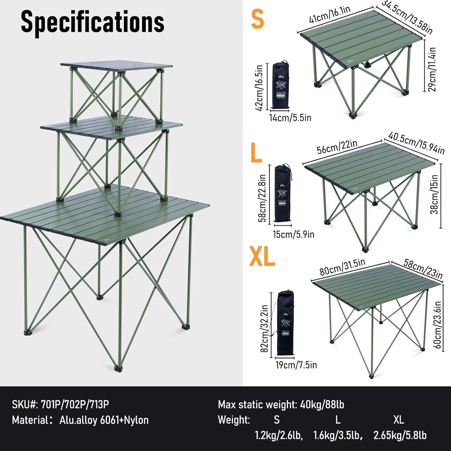 iClimb Ultralight Compact Camping Folding Table with Carry Bag (Reinforced Green - XL)