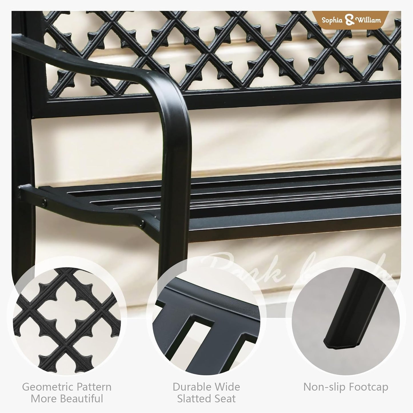 Sophia & William Outdoor Bench, 50 inches Metal Garden Bench, Cast Iron Park Benches for Outside with Floral Backrest and Straight Legs for Porch Yard Lawn Deck,Black