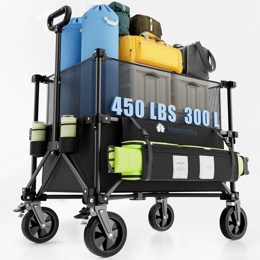 Folding Wagon Cart Foldable with Wheels, Adjustable Double Decker 150L-300L Capacity, All-Terrain Wheels & Brake, 450LBS Heavy Duty Collapsible Wagon for Beach, Camping, Outdoor