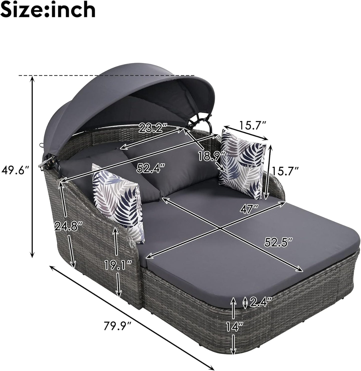 kevinplus Outdoor Patio Sunbed Daybed Double Lounge with Adjustable Canopy for Garden Backyard Pool, PE Rattan Wicker Material & Moveable Cushion Cover, Gray