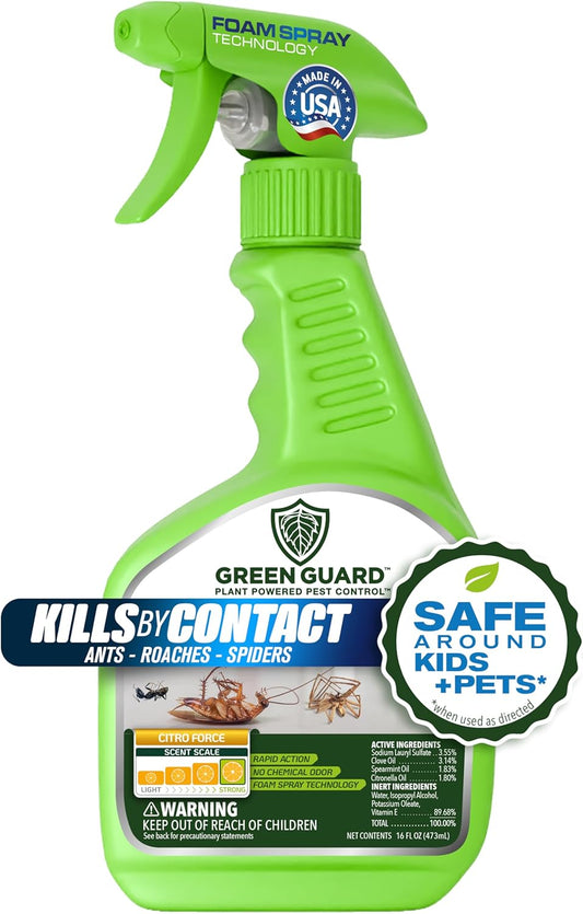 Green Guard Pest Control Spray - Indoor & Outdoor Killer of Ants, Roaches, Spiders & Other Crawling Insects, Safe Around Children & Pets, Plant-Based, Pleasant Scent (Citro Force, 16oz)