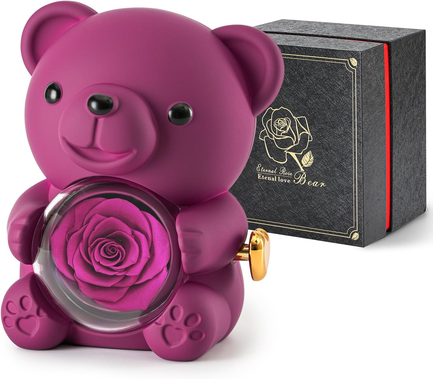 Cute Teddy Bear with Preserved Rose - A Real Rose Flower in Bear with Elegant Gift Box - Romantic Gift for Her in Mother's Day, Weddings, Anniversaries, and Bridal Showers (Purple)