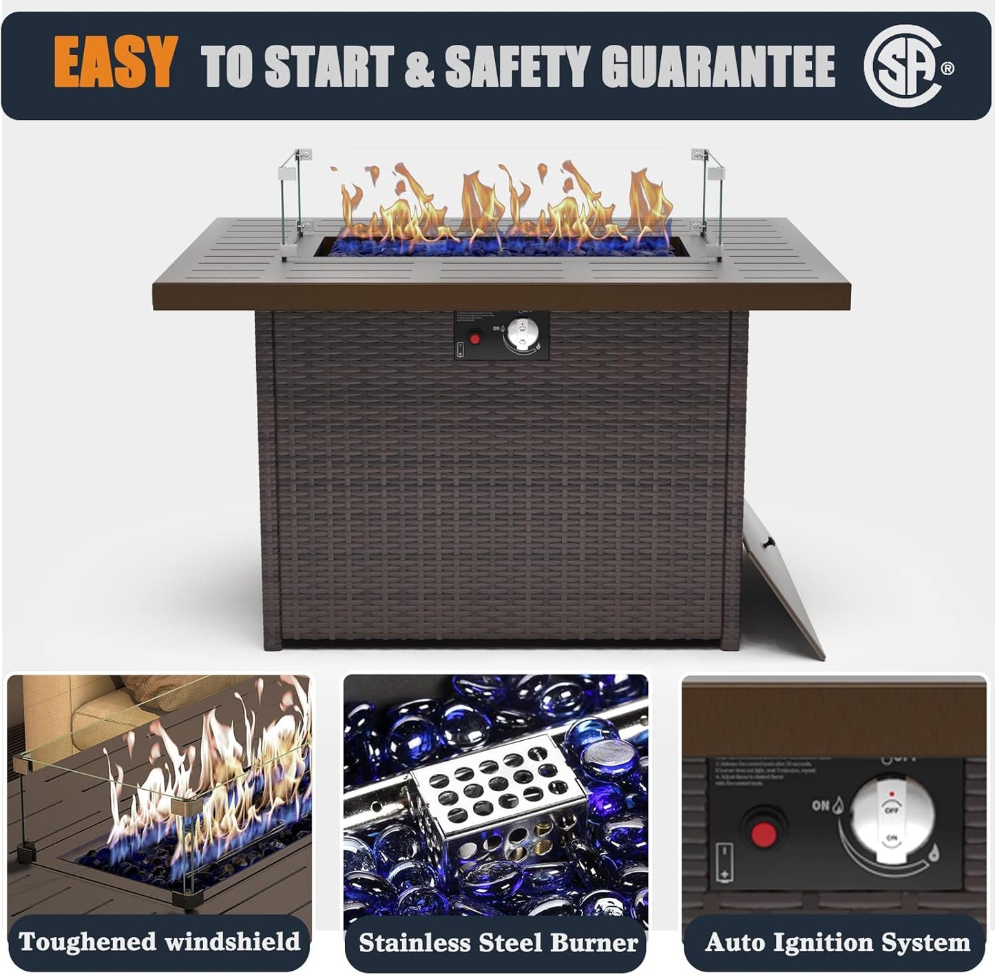 44 Inch Propane Gas Fire Pits Table for Outside Patio, 60000 BTU Rectangular Outdoor Wicker Rattan Fire Pit with Glass Wind Guard